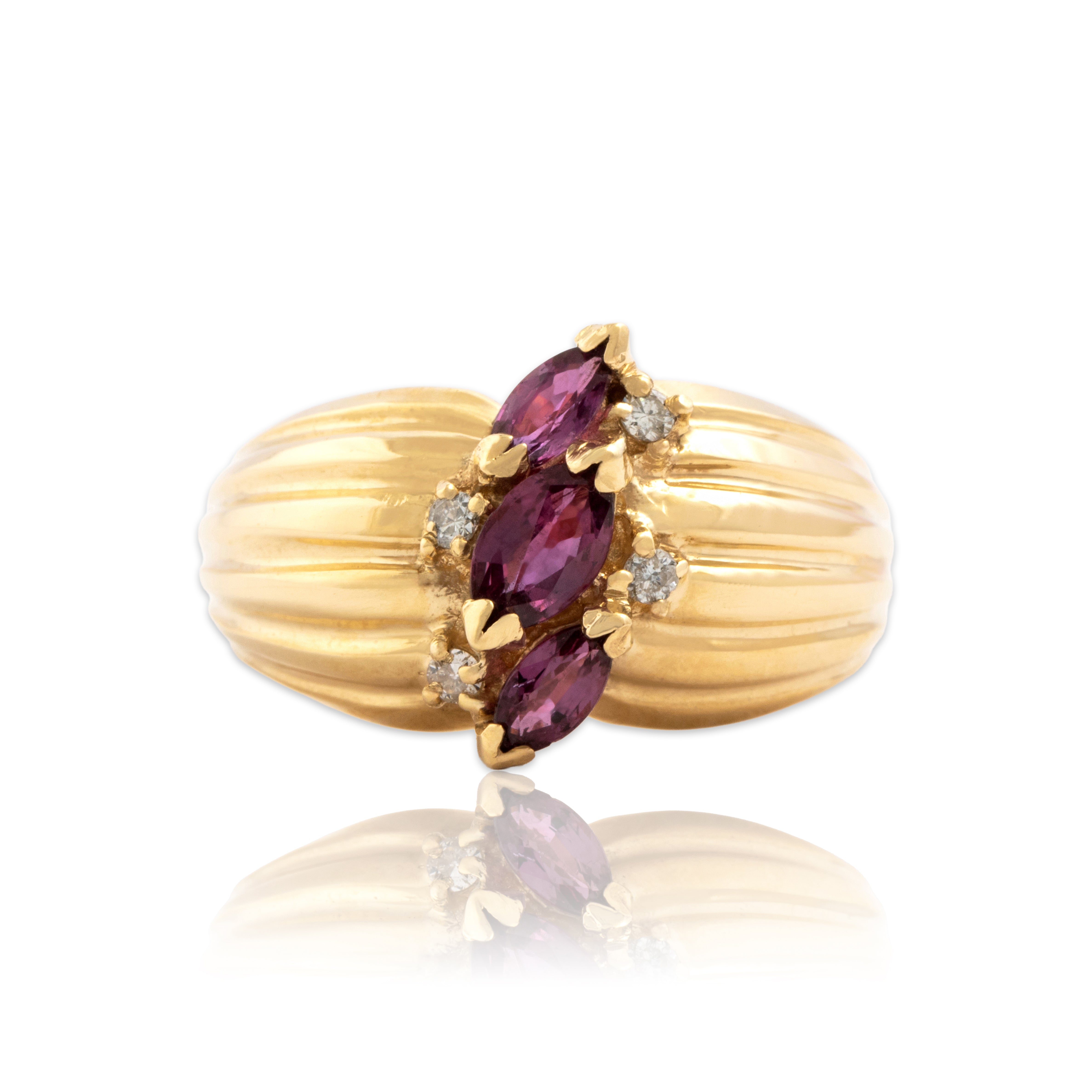 Vintage 14k Yellow Gold Ruby Diamond Banded Shoulder Marquise Trio Ring - Close-up view