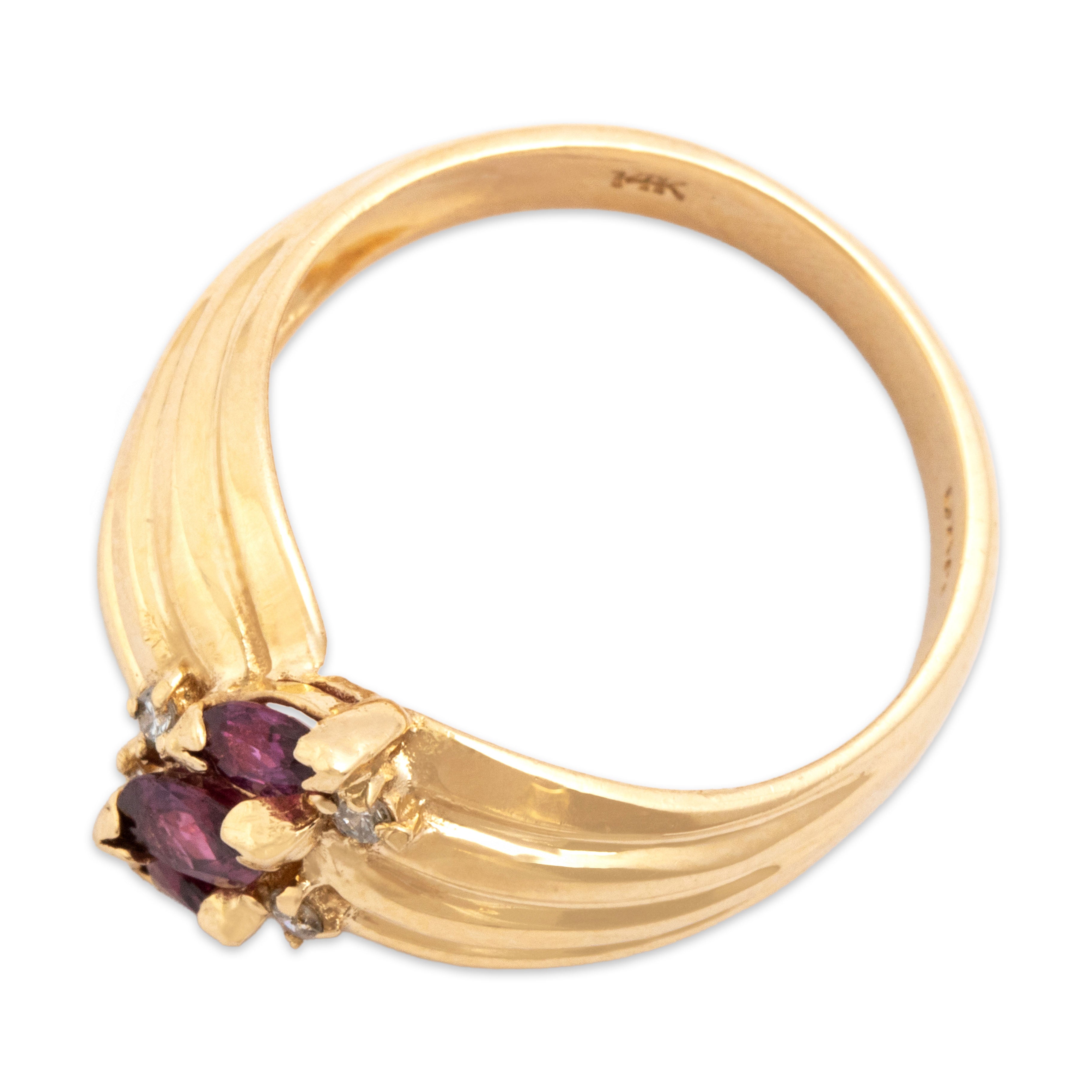 Vintage 14k Yellow Gold Ruby Diamond Banded Shoulder Marquise Trio Ring 7.00