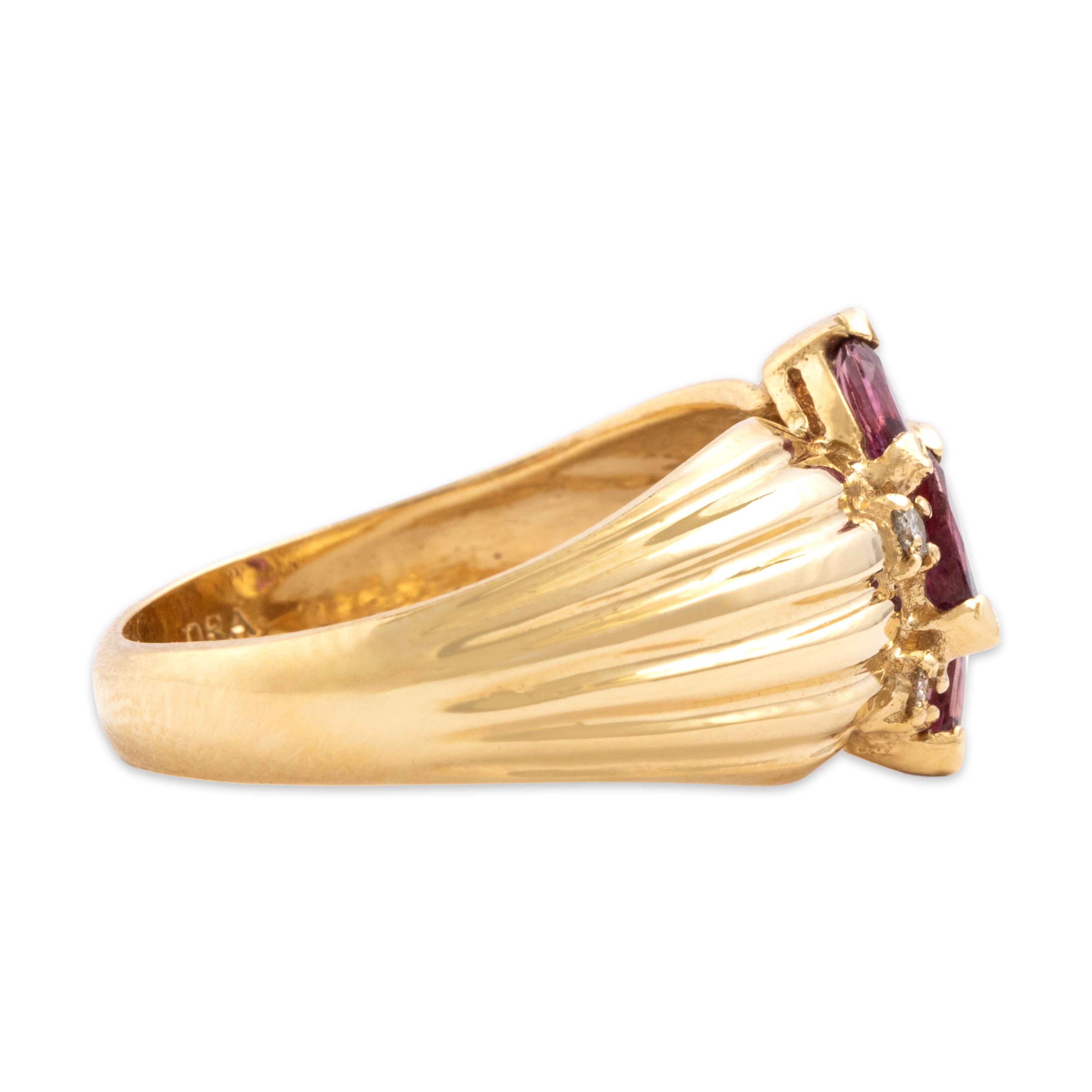Vintage 14k Yellow Gold Ruby Diamond Banded Shoulder Marquise Trio Ring - Side view