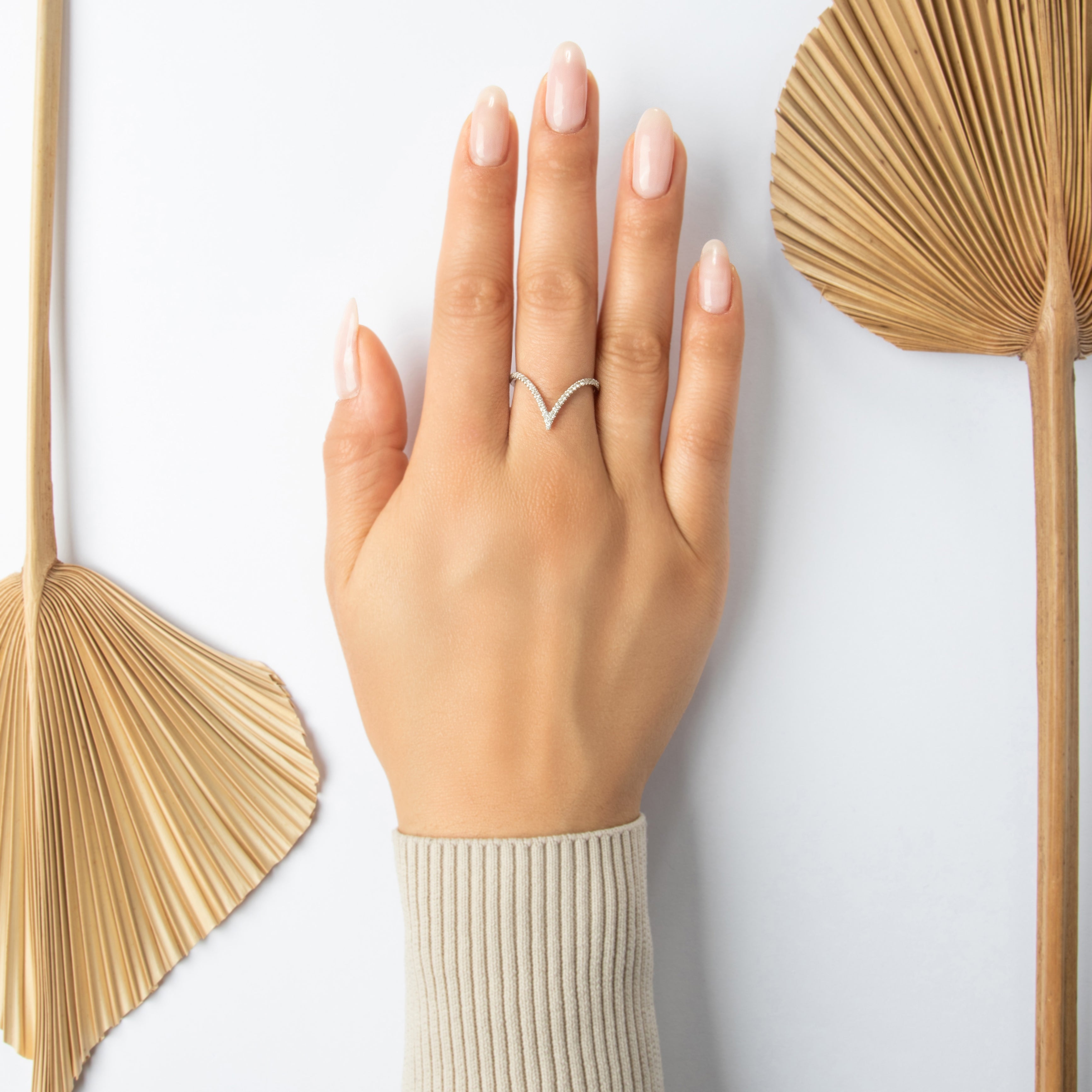 Estate Gabriel And Co. 14k White Gold [Custom Carat] Sleek Sharp Chevron Ring - On model view
