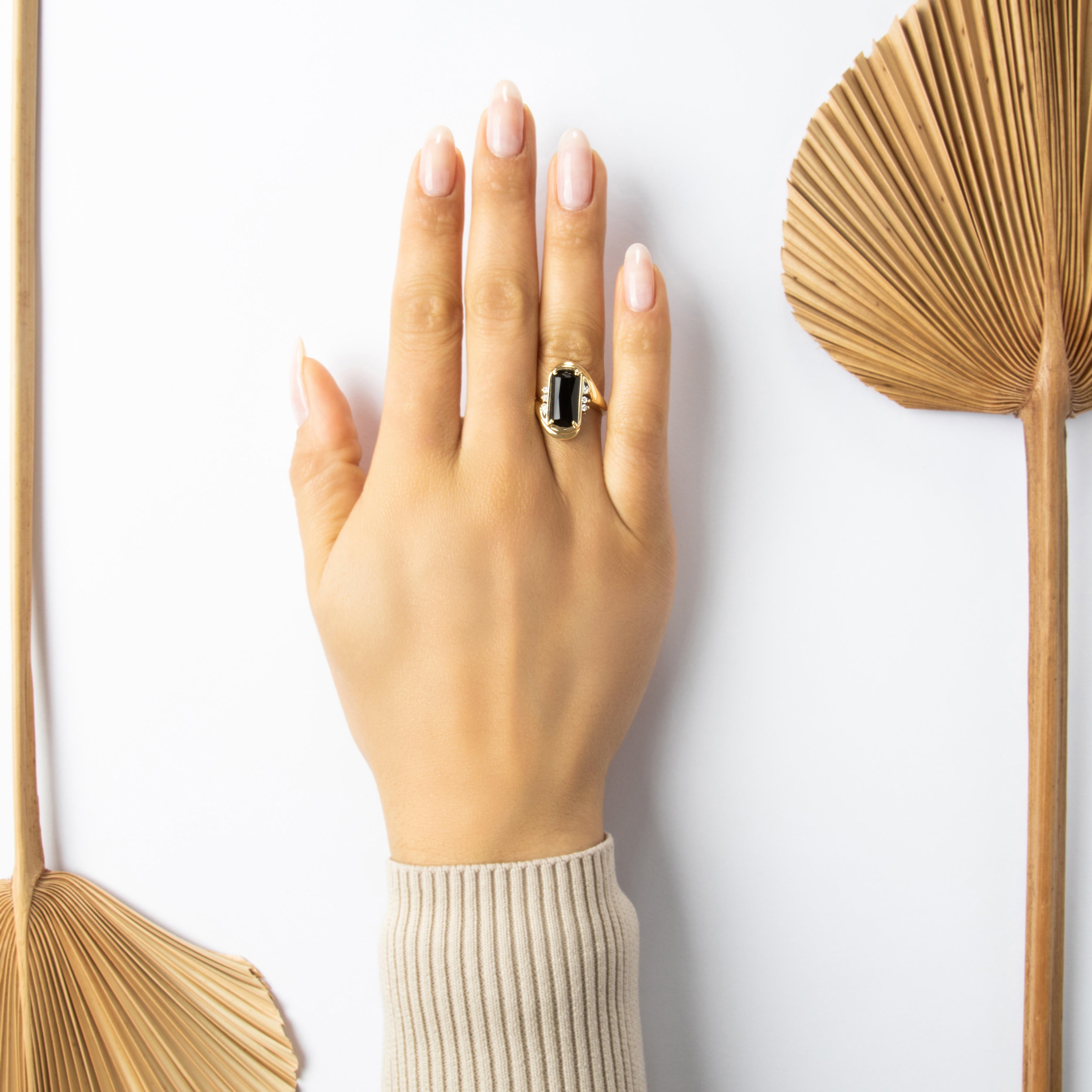 Vintage 14k Yellow Gold 1.89ct Onyx Diamond Bold Elongated Bypass Ring - On model view