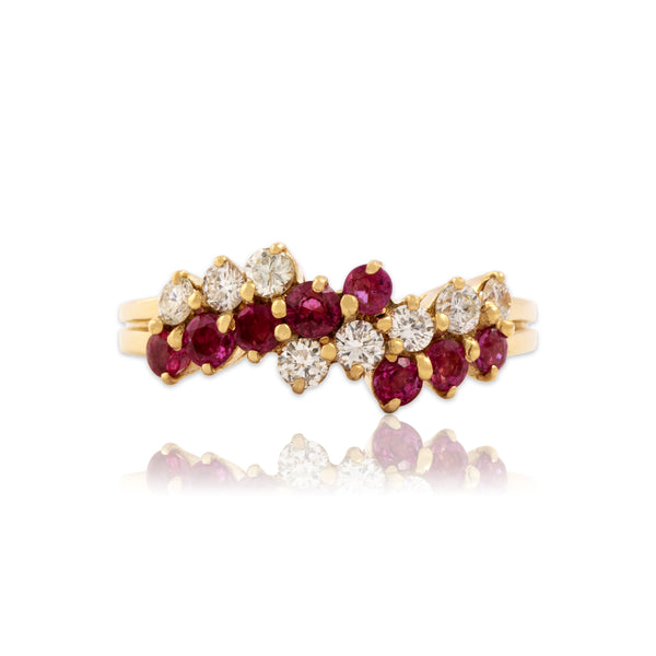 Vintage Italian 18k Yellow Gold .59cttw Ruby Diamond Stacked Sparkle Ring 7.00
