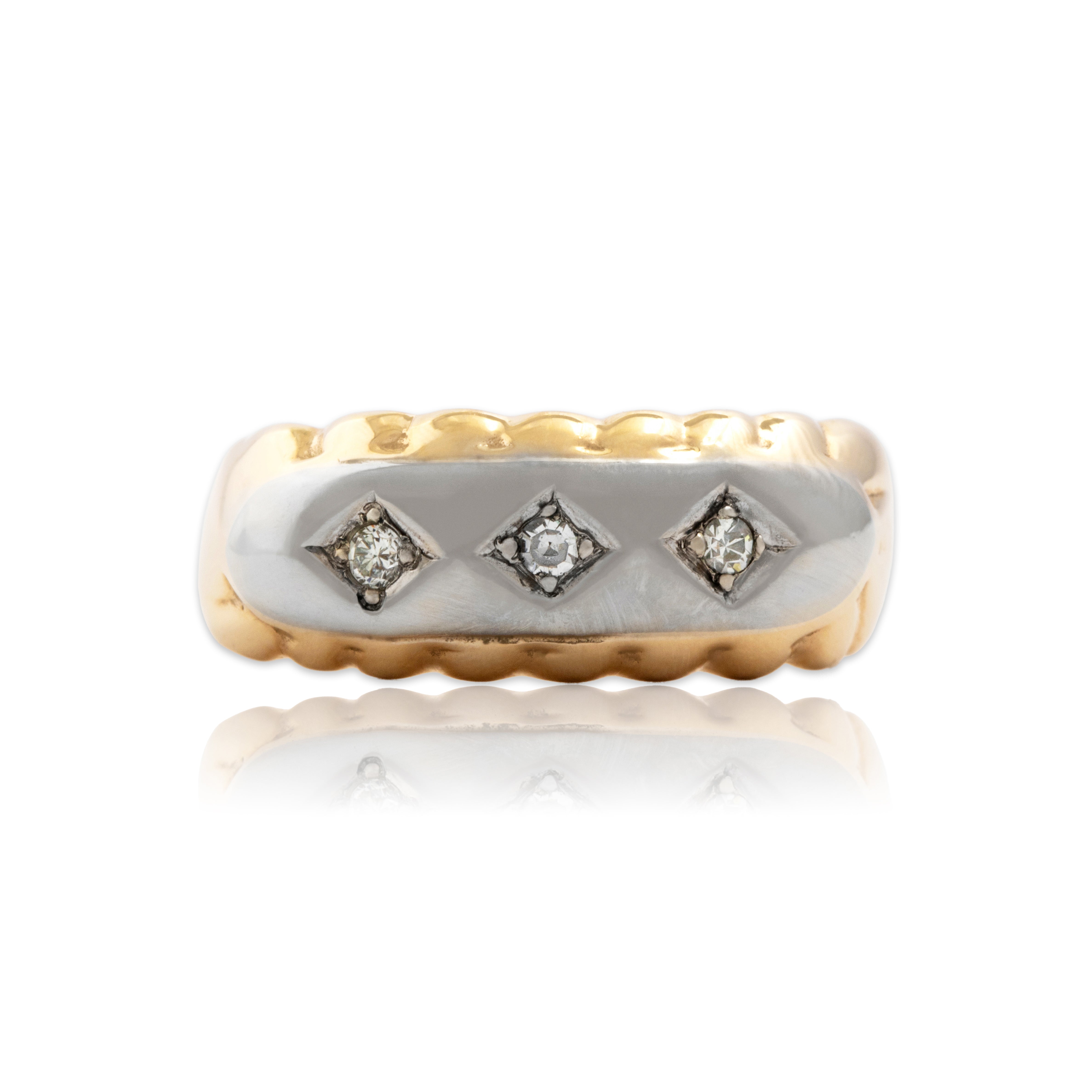 Vintage 14k Yellow & White Gold Diamond Bold Geometric Trio Band Ring 7.00