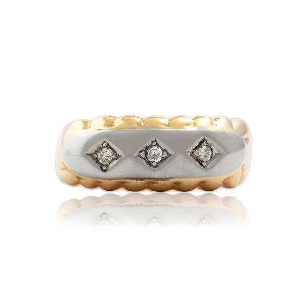 Vintage 14k Yellow & White Gold Diamond Bold Geometric Trio Band Ring 7.00