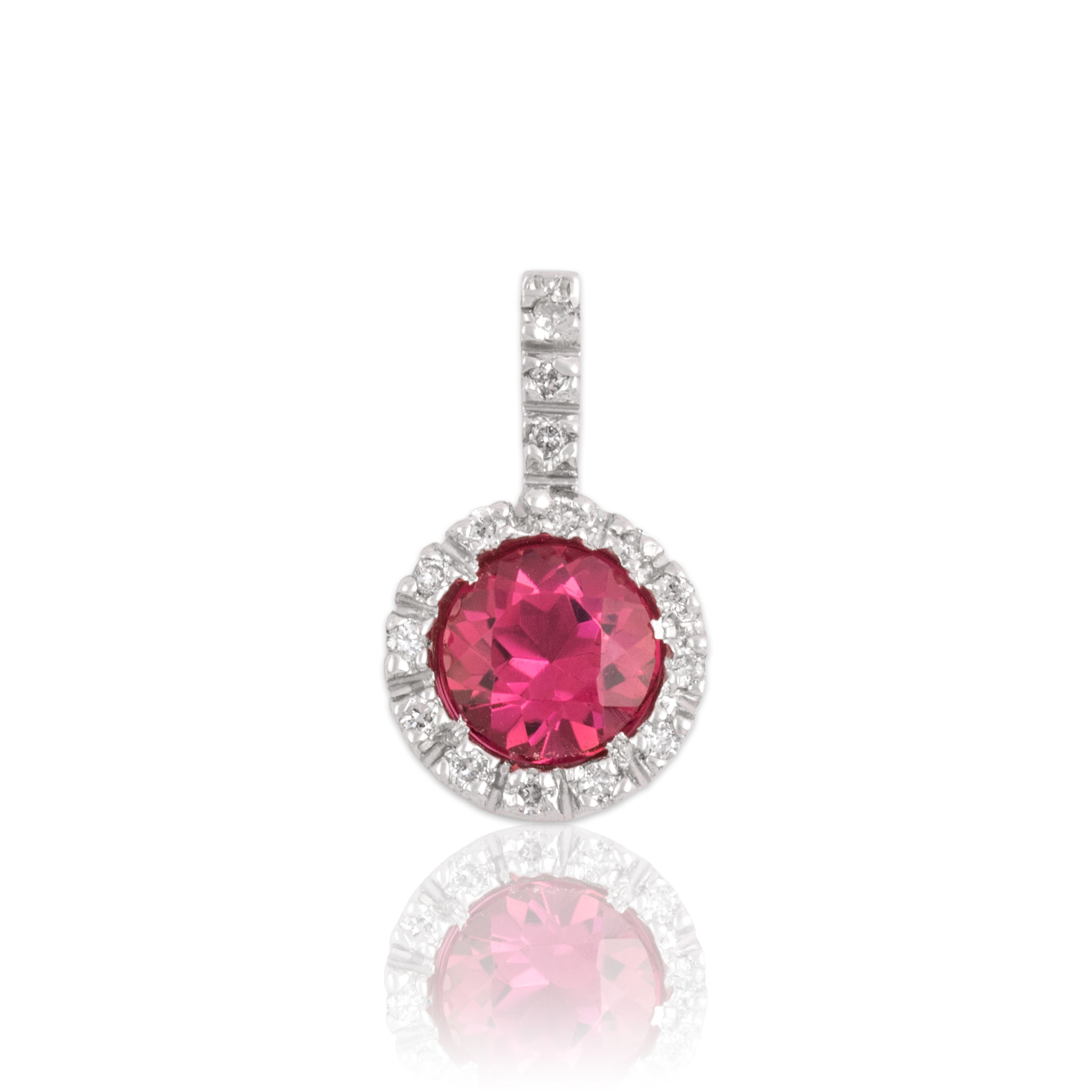 Vintage Small 14k White Gold .85ct Pink Tourmaline Diamond Round Drop Pendant
