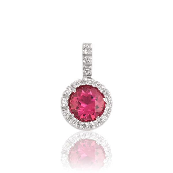 Vintage Small 14k White Gold .85ct Pink Tourmaline Diamond Round Drop Pendant