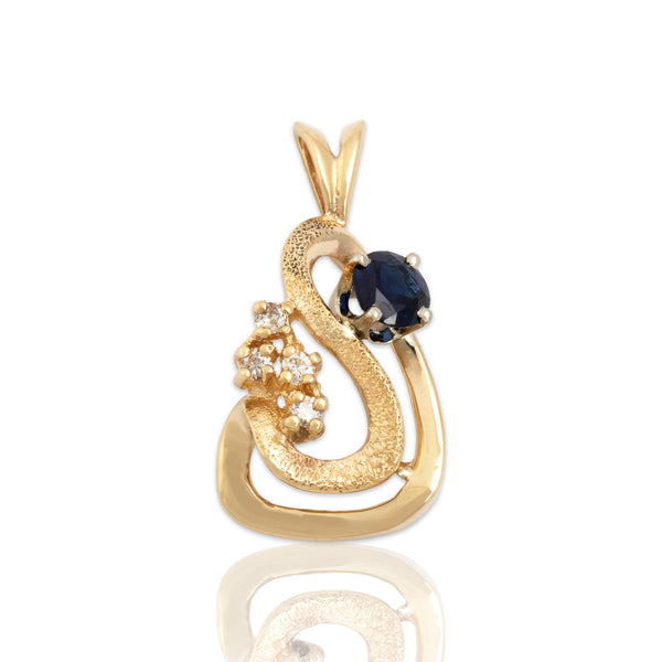 Vintage 14k Yellow Gold .5ct Blue Sapphire Diamond Fabulous S-Swirl Pendant