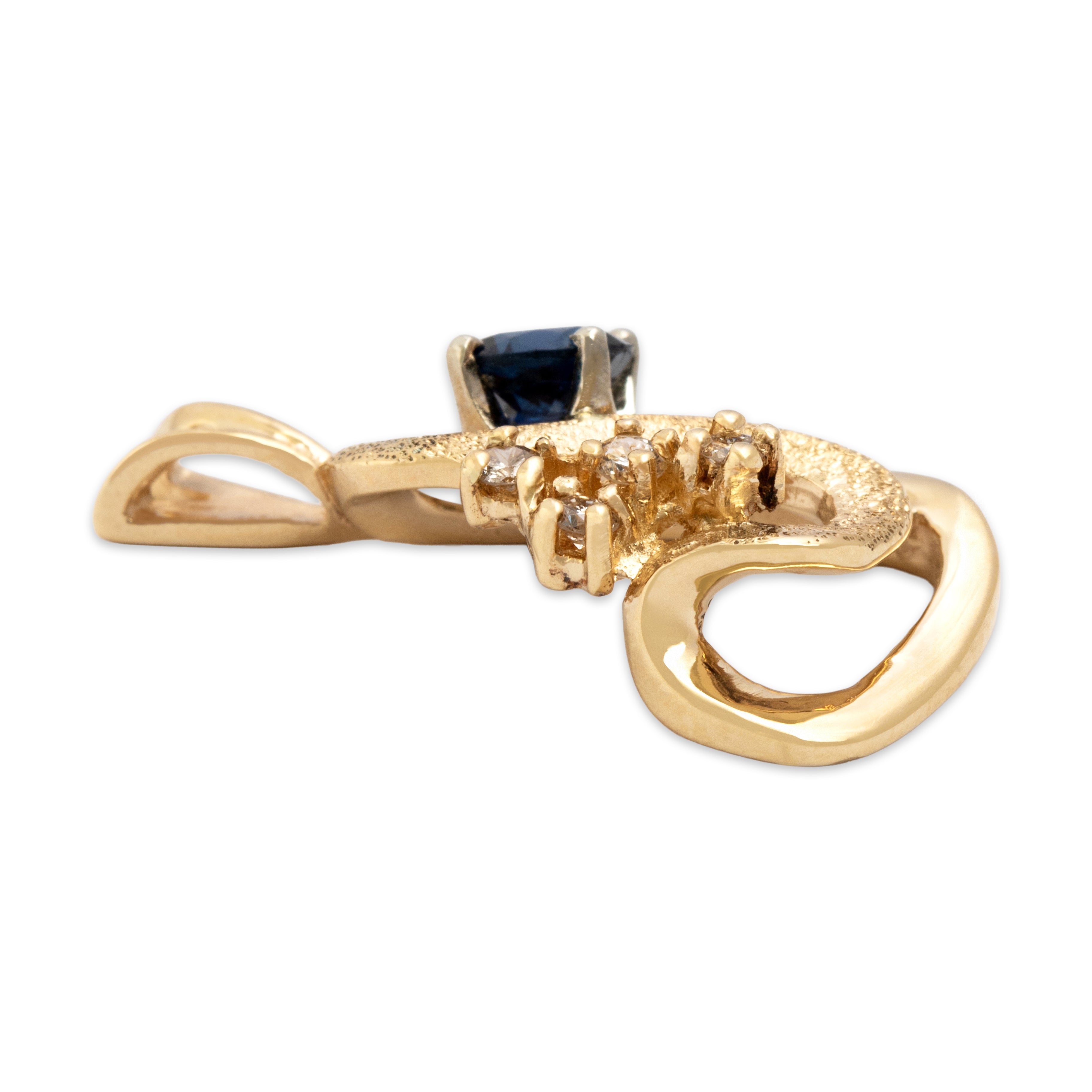 Vintage 14k Yellow Gold .5ct Blue Sapphire Diamond Fabulous Textured S Swirl Pendant - Side view