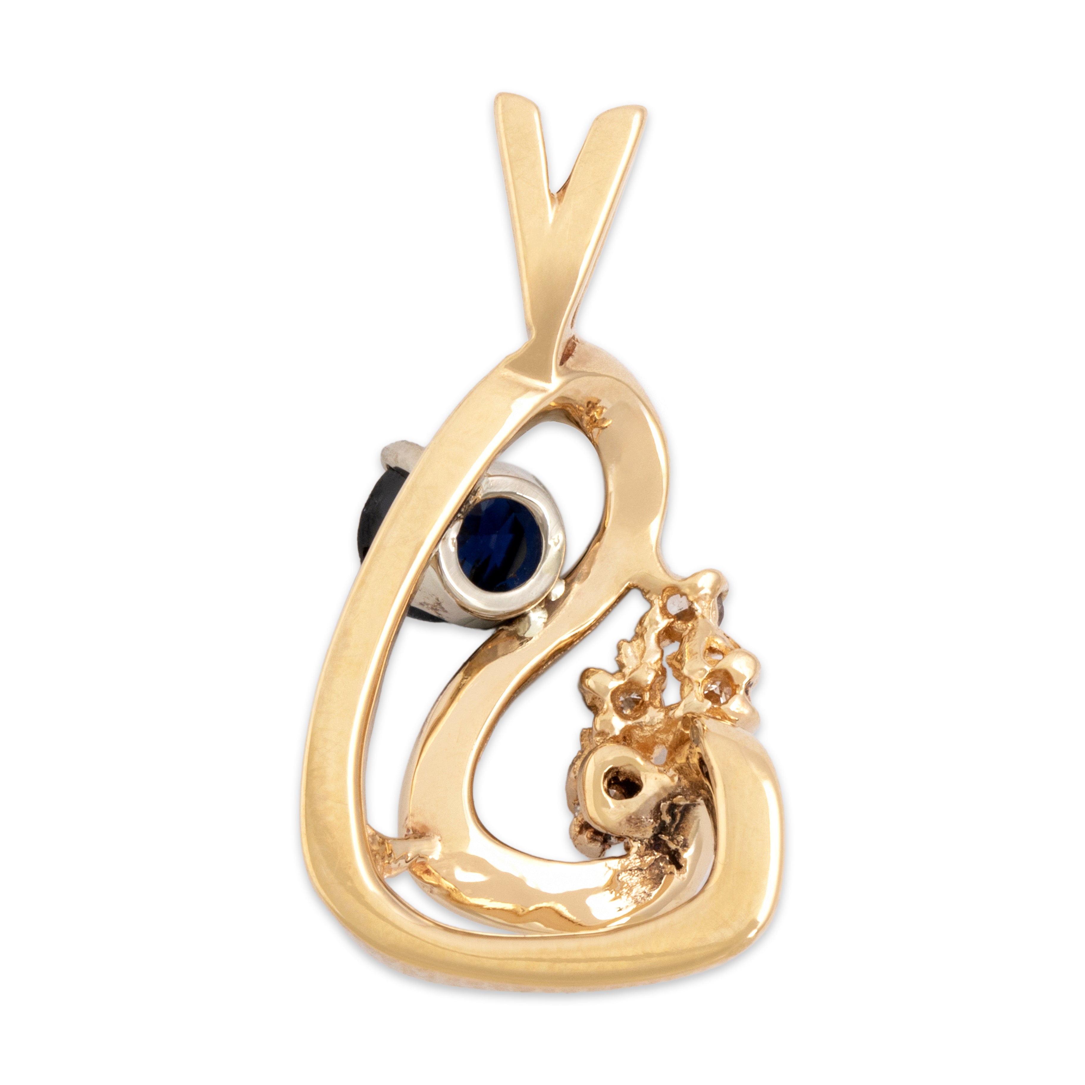 Vintage 14k Yellow Gold .5ct Blue Sapphire Diamond Fabulous Textured S Swirl Pendant - Back view
