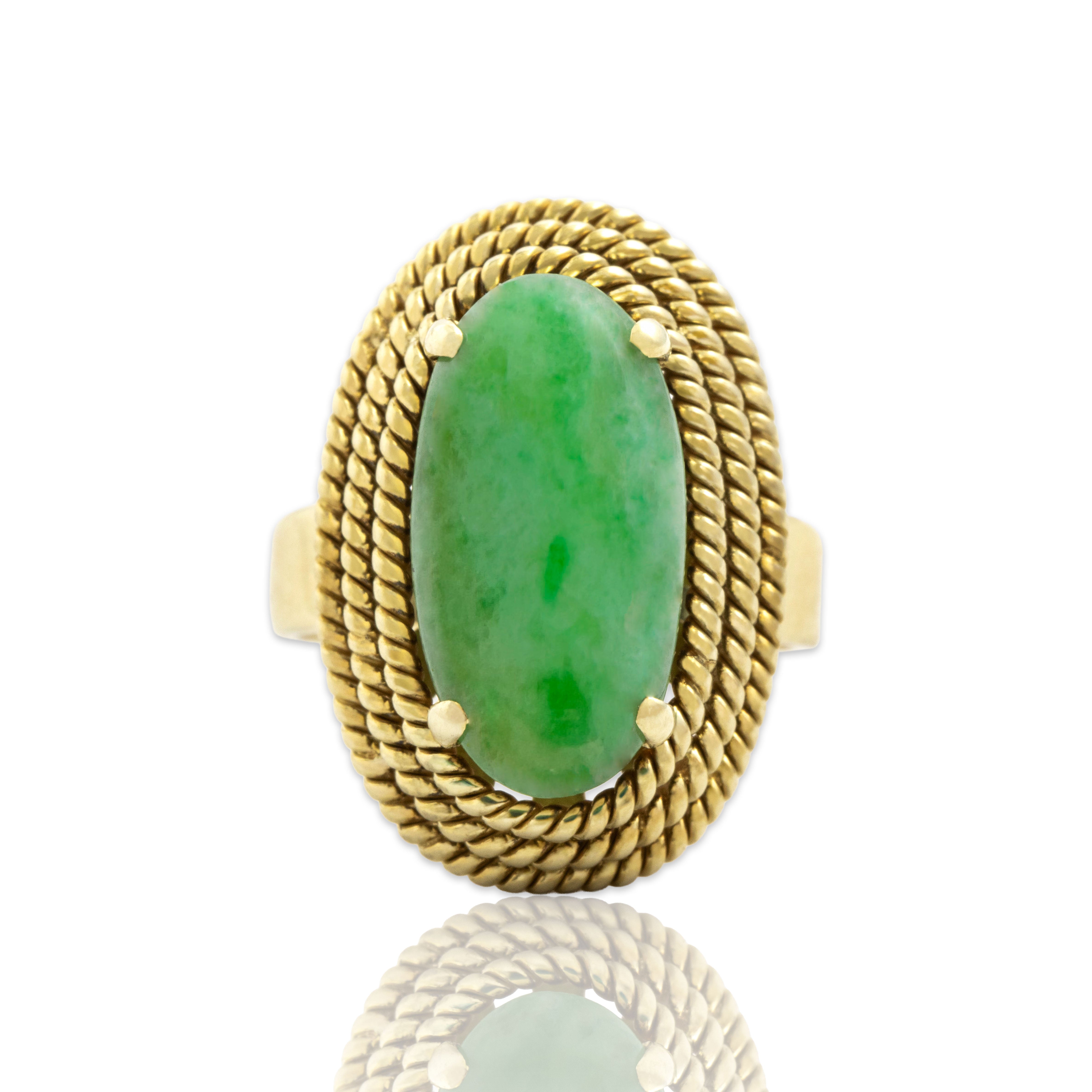 Vintage Heavy 14k Yellow Gold 2.09ct Jade Fabulous Oblong Basket Ring 5.50