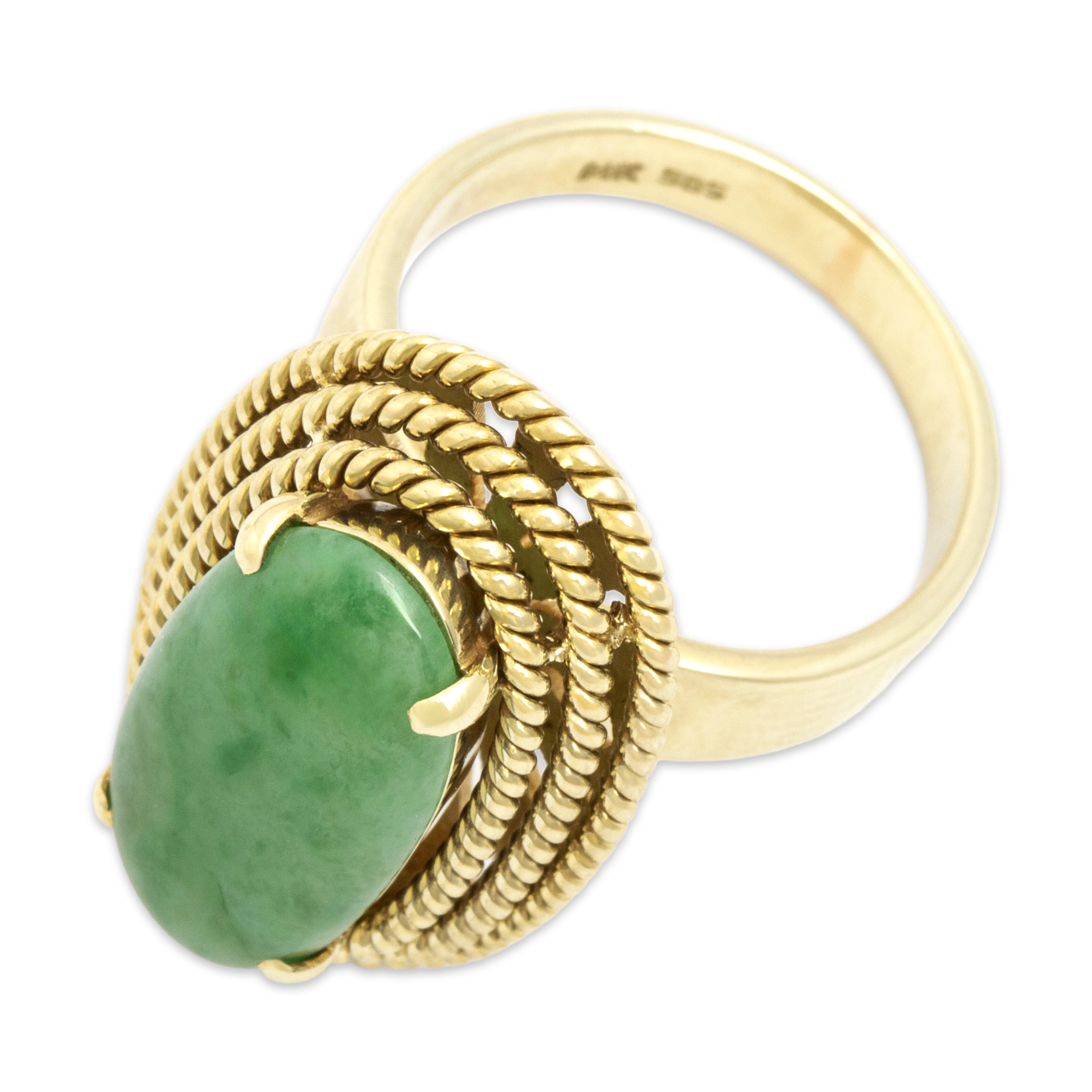 Vintage Heavy 14k Yellow Gold 2.09ct Jade Bold Oblong Basket-Set Ring - Overall view