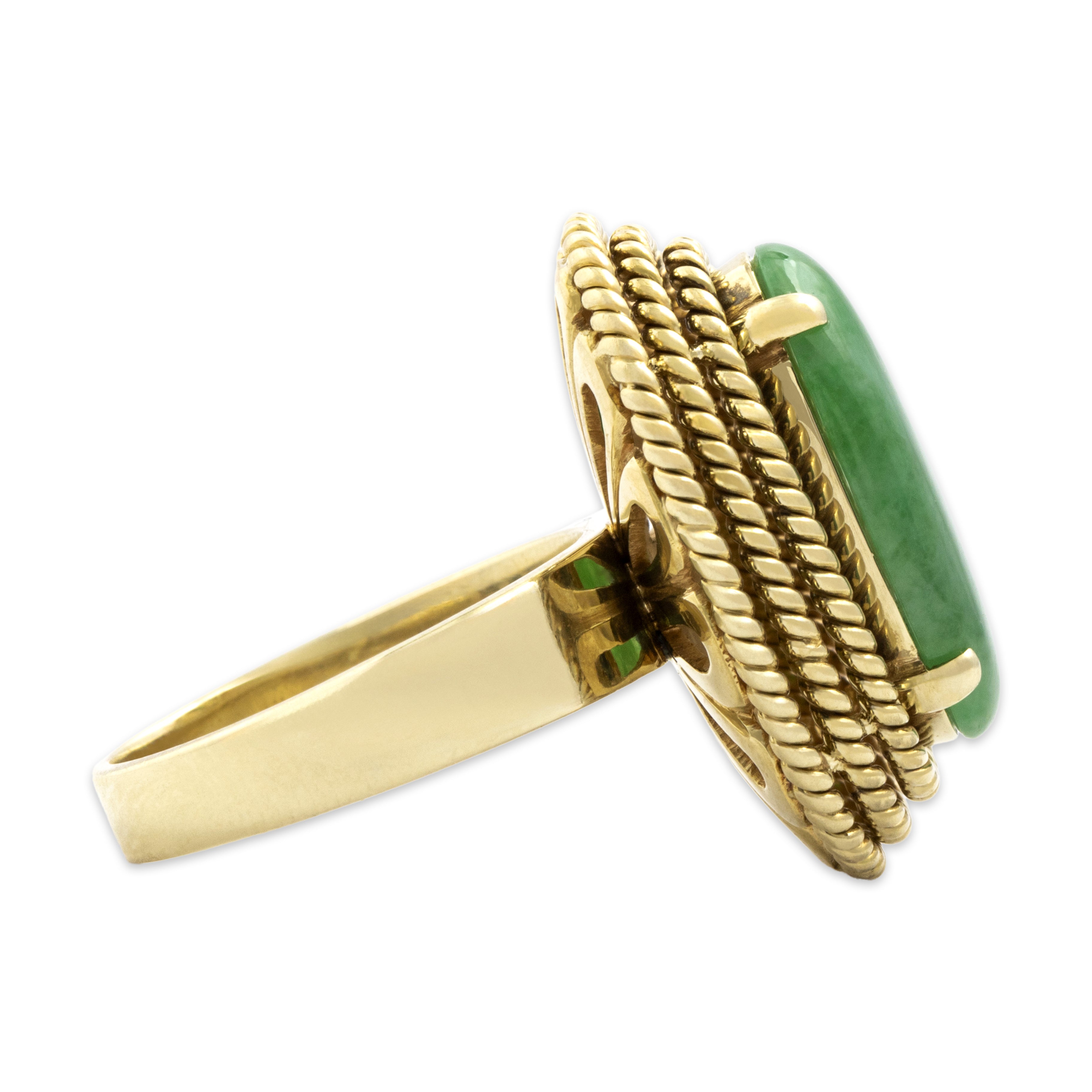 Vintage Heavy 14k Yellow Gold 2.09ct Jade Bold Oblong Basket-Set Ring - Side view