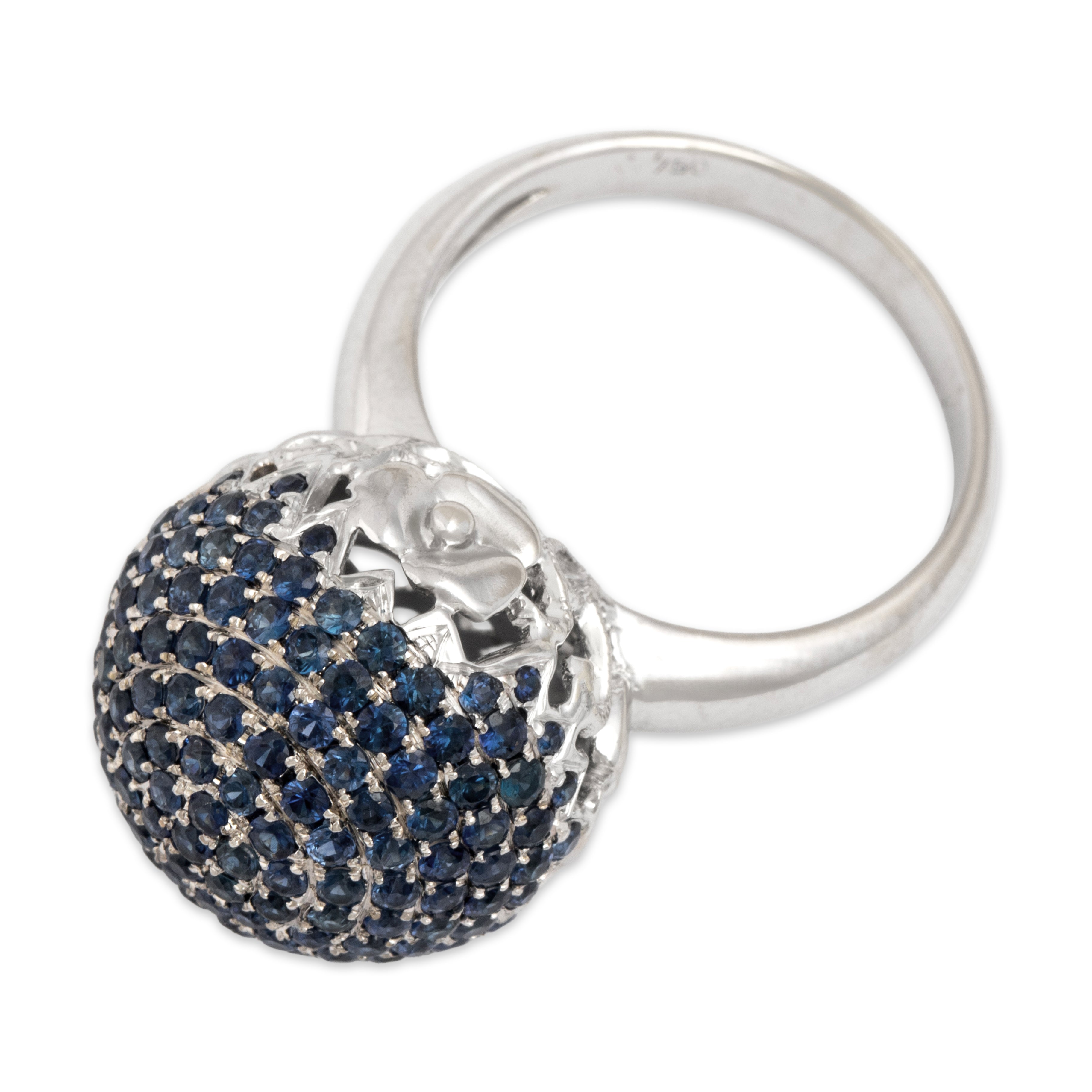 Vintage Large 18k White Gold 1.86cttw Blue Sapphire Rose Detail Orb Ring 8.00