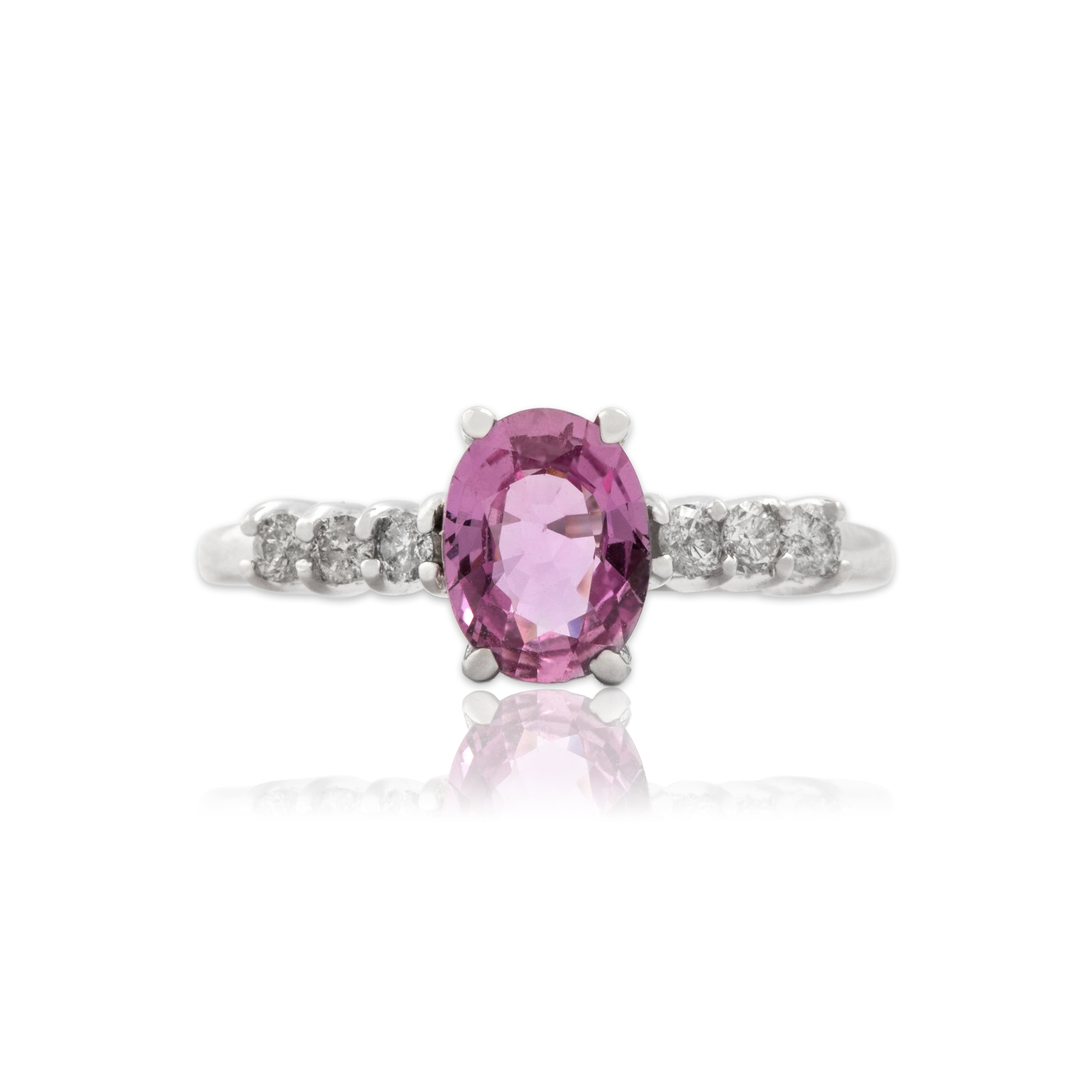 Vintage 14k White Gold 1.12ct Pink Sapphire Diamond Glittering Trio Shoulder Ring - Close-up view