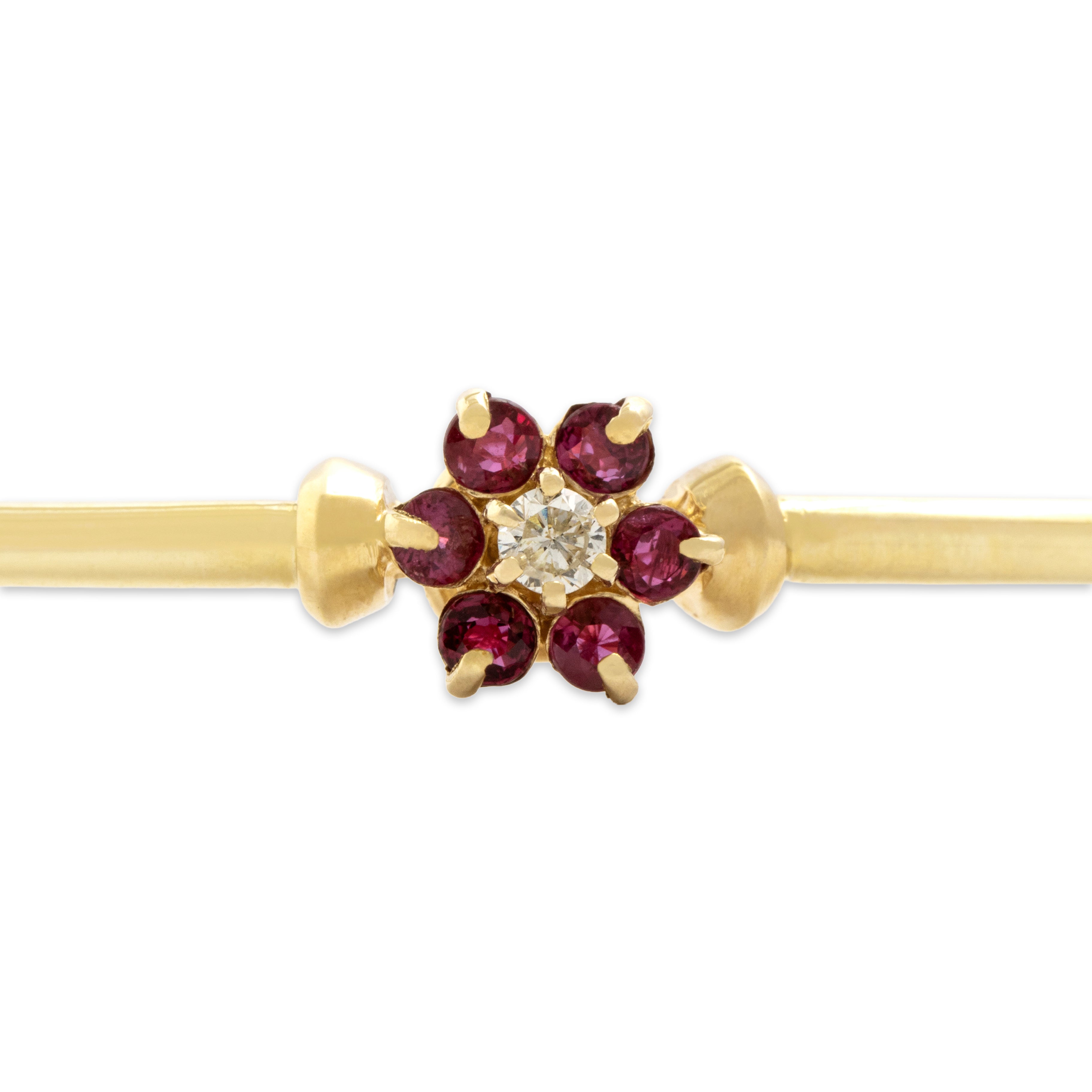 Vintage 14k Yellow Gold Ruby Diamond Bright Floriform Bangle Bracelet 6.75