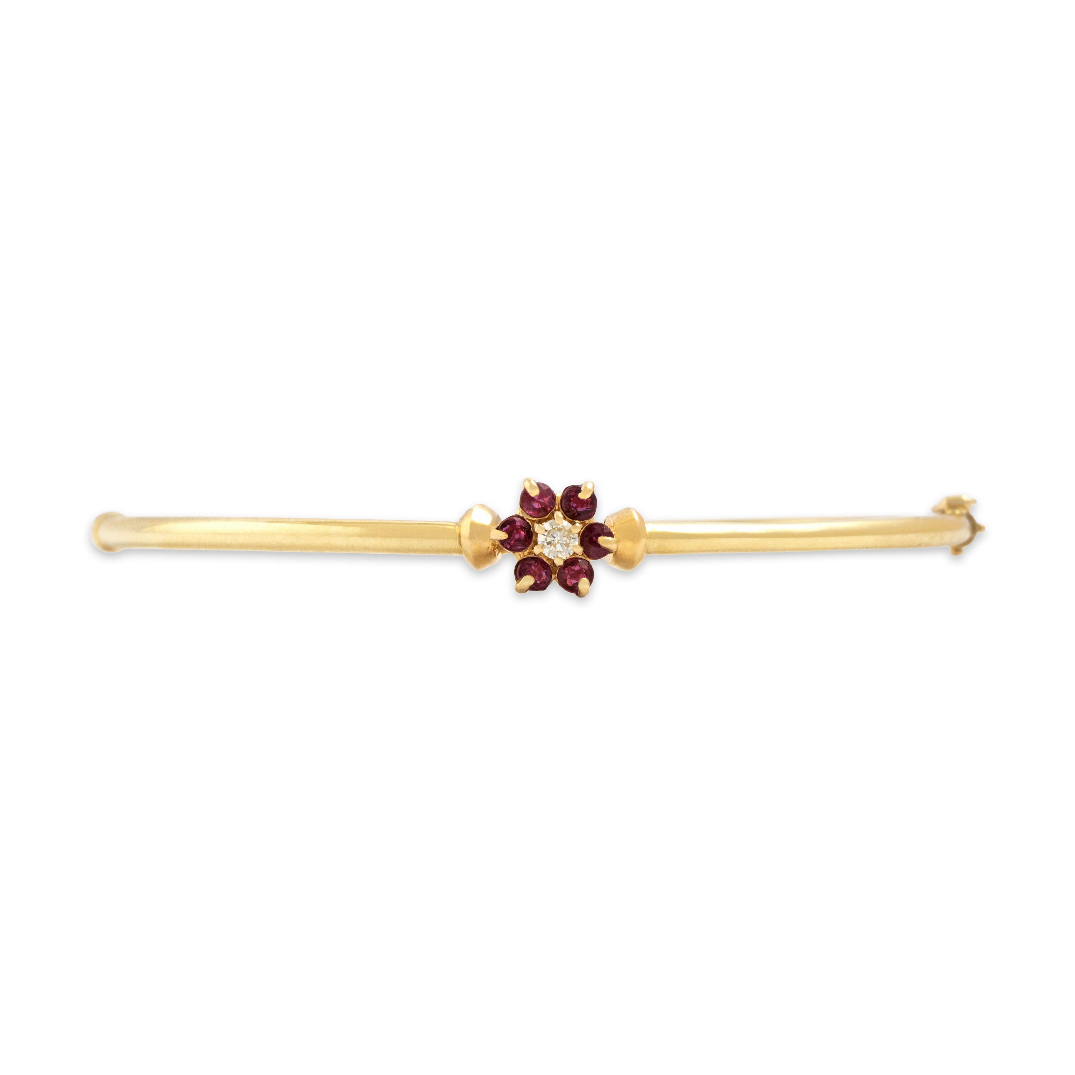 Vintage 14k Yellow Gold Ruby Diamond Bright Floriform Bangle Bracelet 6.75