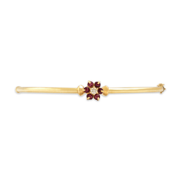 Vintage 14k Yellow Gold Ruby Diamond Bright Floriform Bangle Bracelet 6.75