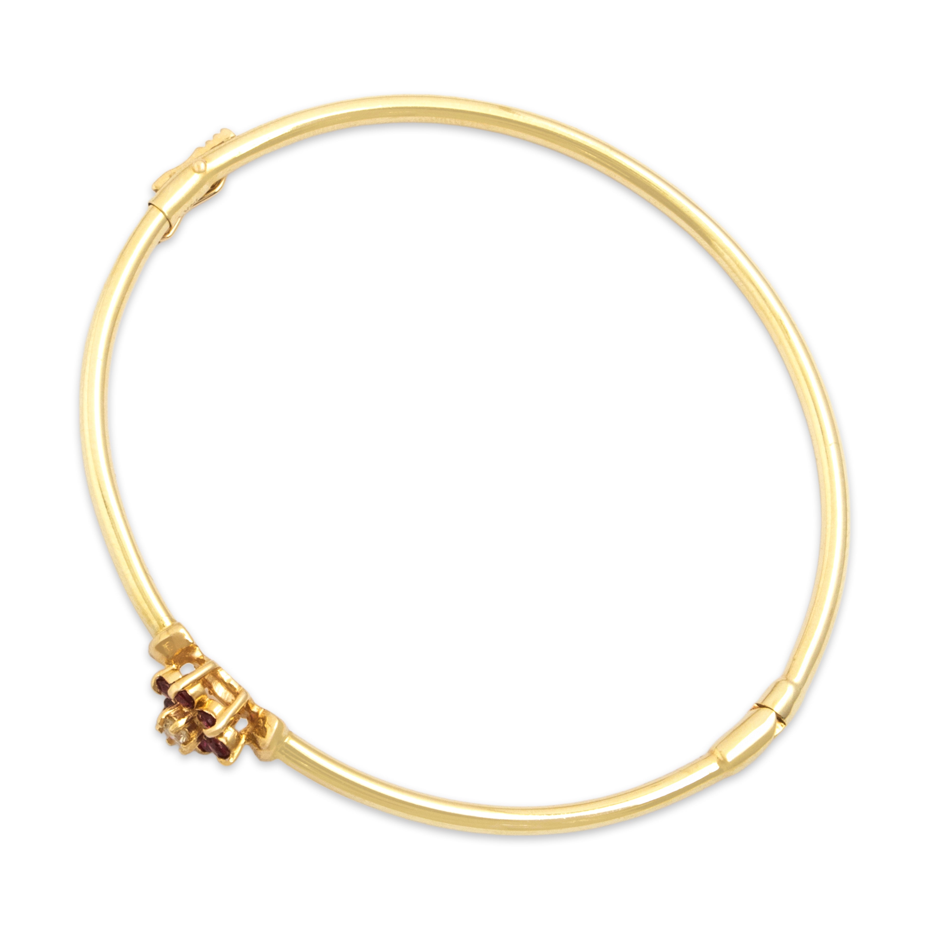 Vintage 14k Yellow Gold Ruby Diamond Bright Floriform Bangle Bracelet 6.75