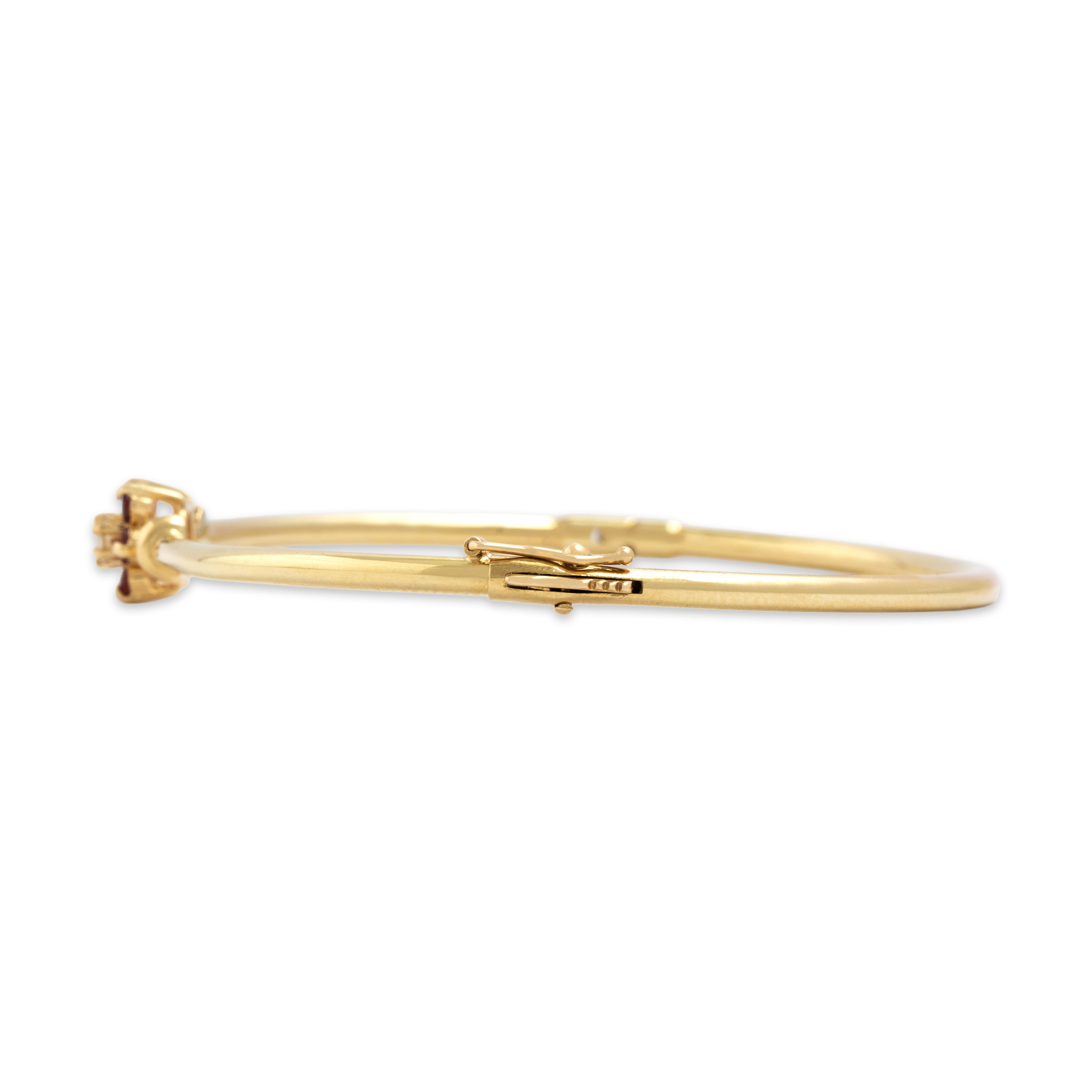Vintage 14k Yellow Gold Ruby Diamond Bright Floriform Bangle Bracelet 6.75