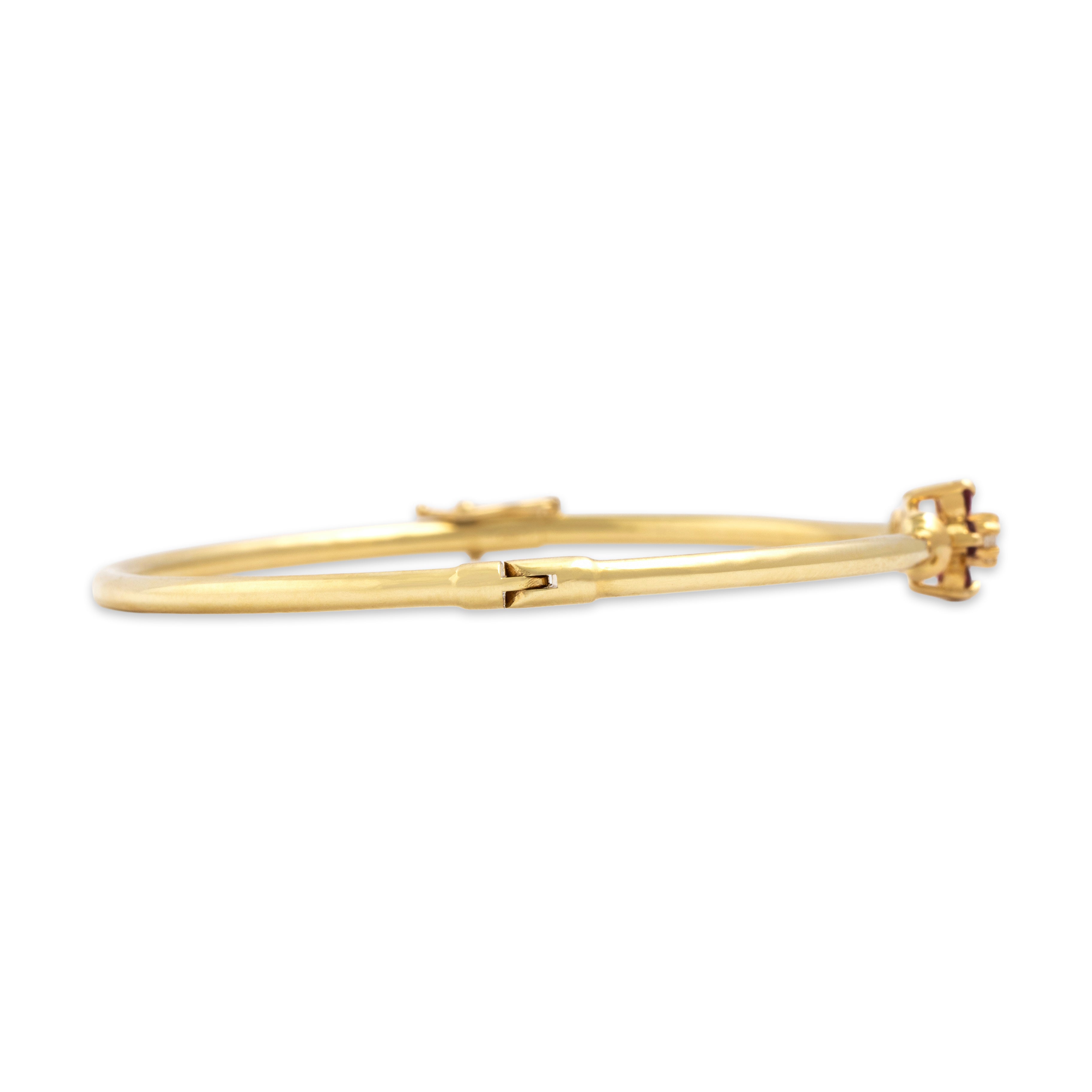 Vintage 14k Yellow Gold Ruby Diamond Bright Floriform Bangle Bracelet 6.75