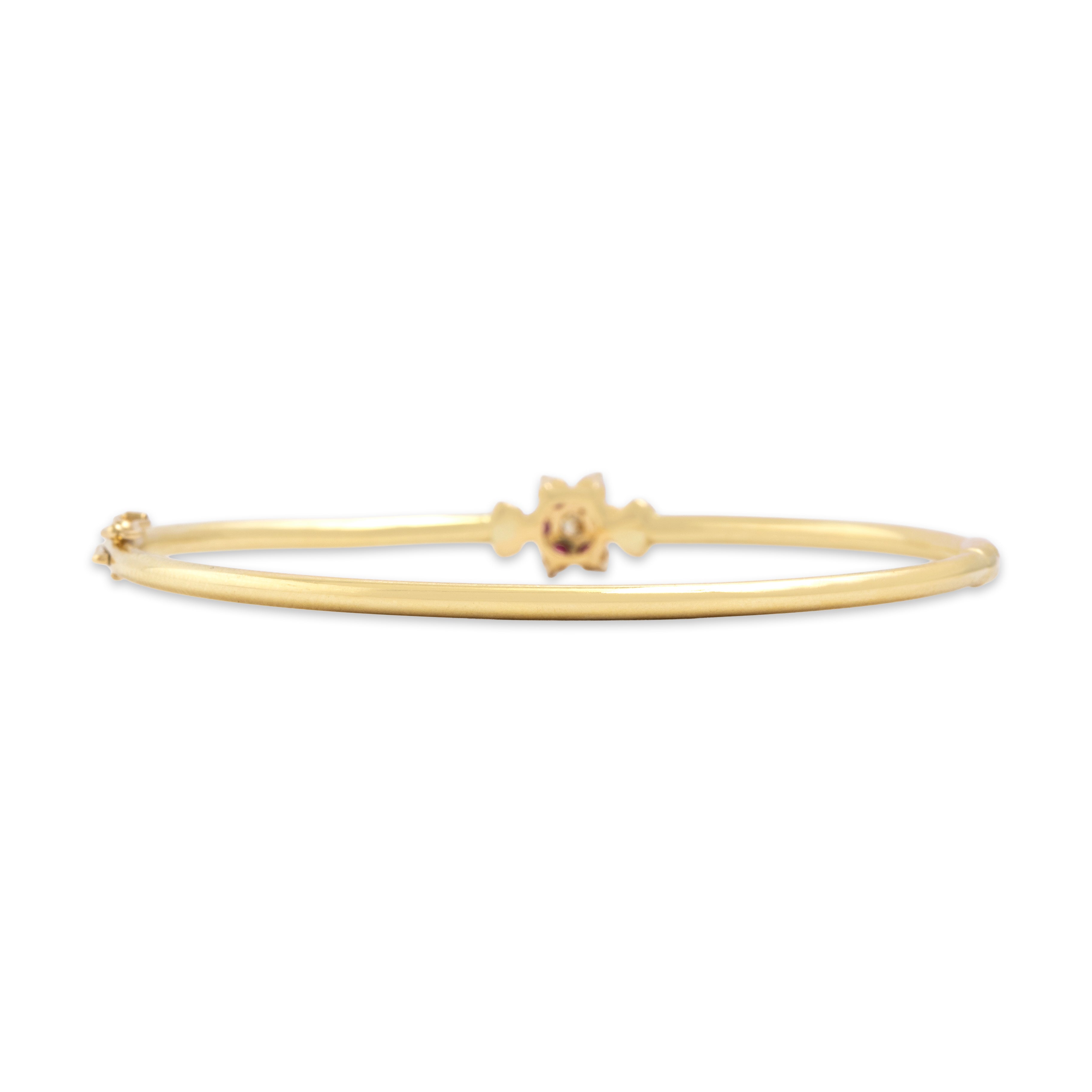 Vintage 14k Yellow Gold Ruby Diamond Bright Floriform Bangle Bracelet 6.75