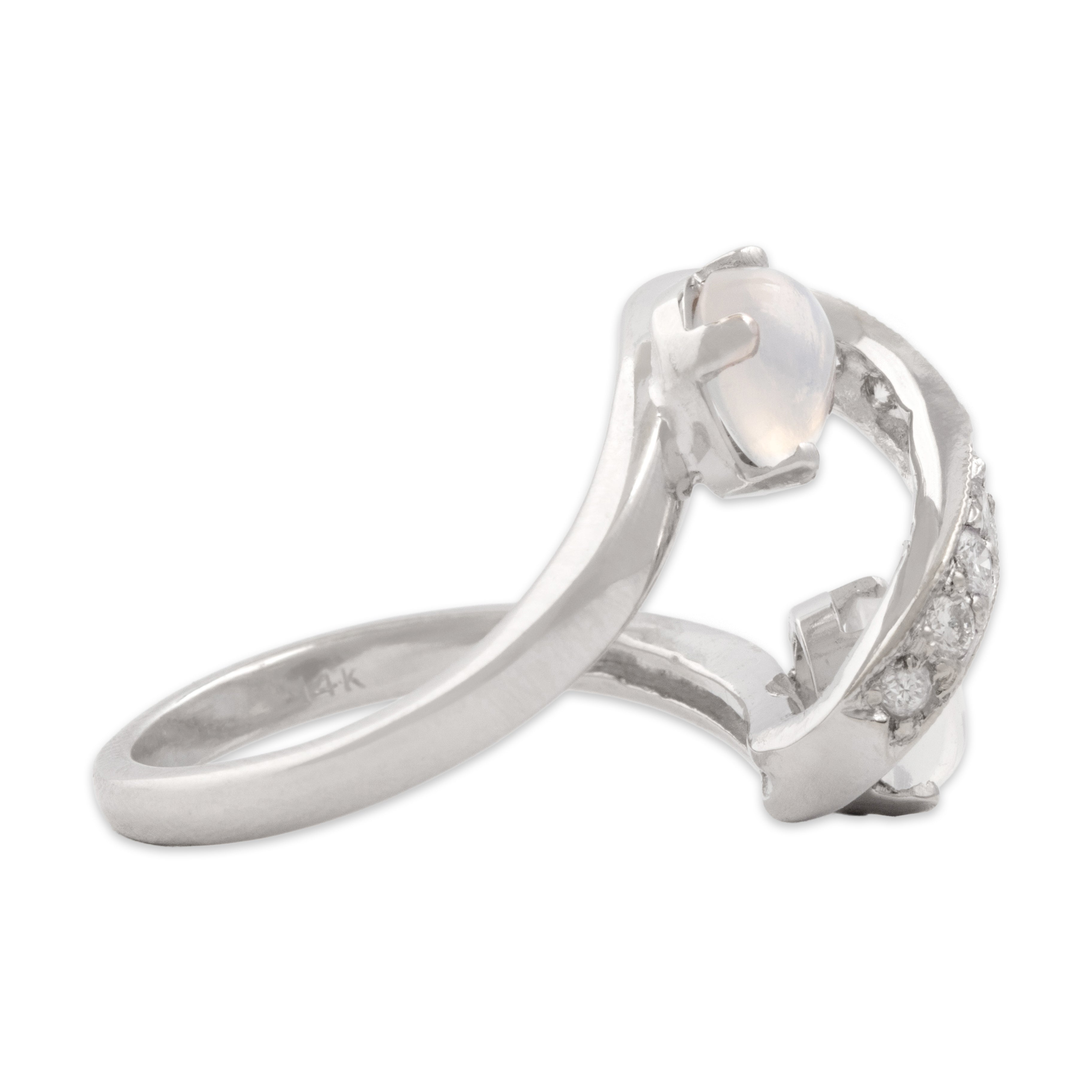 Vintage 14k White Gold 1.54cttw Moonstone Diamond Mesmerizing Swoop Ring - Side view