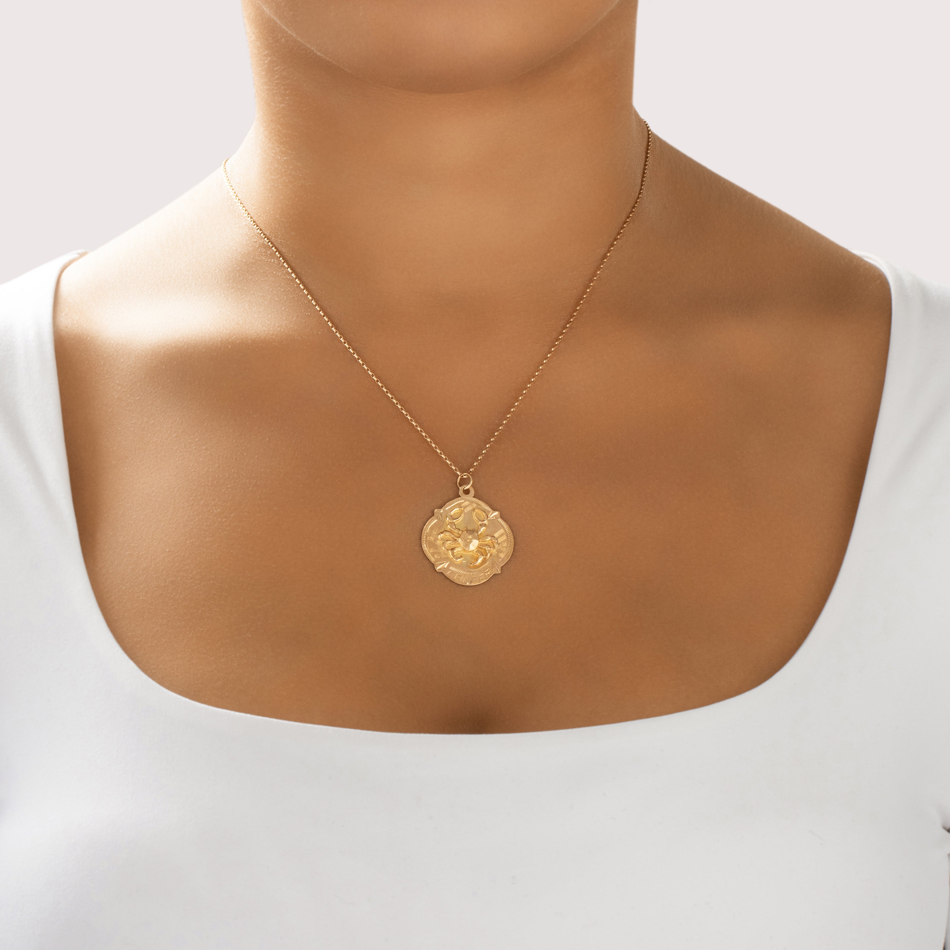 Vintage Large 18k Rosy Yellow Gold Cancer Zodiac Medallion Charm / Pendant - On model view