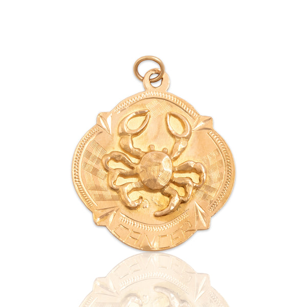 Vintage Large 18k Rosy Yellow Gold Cancer Zodiac Medallion Charm / Pendant