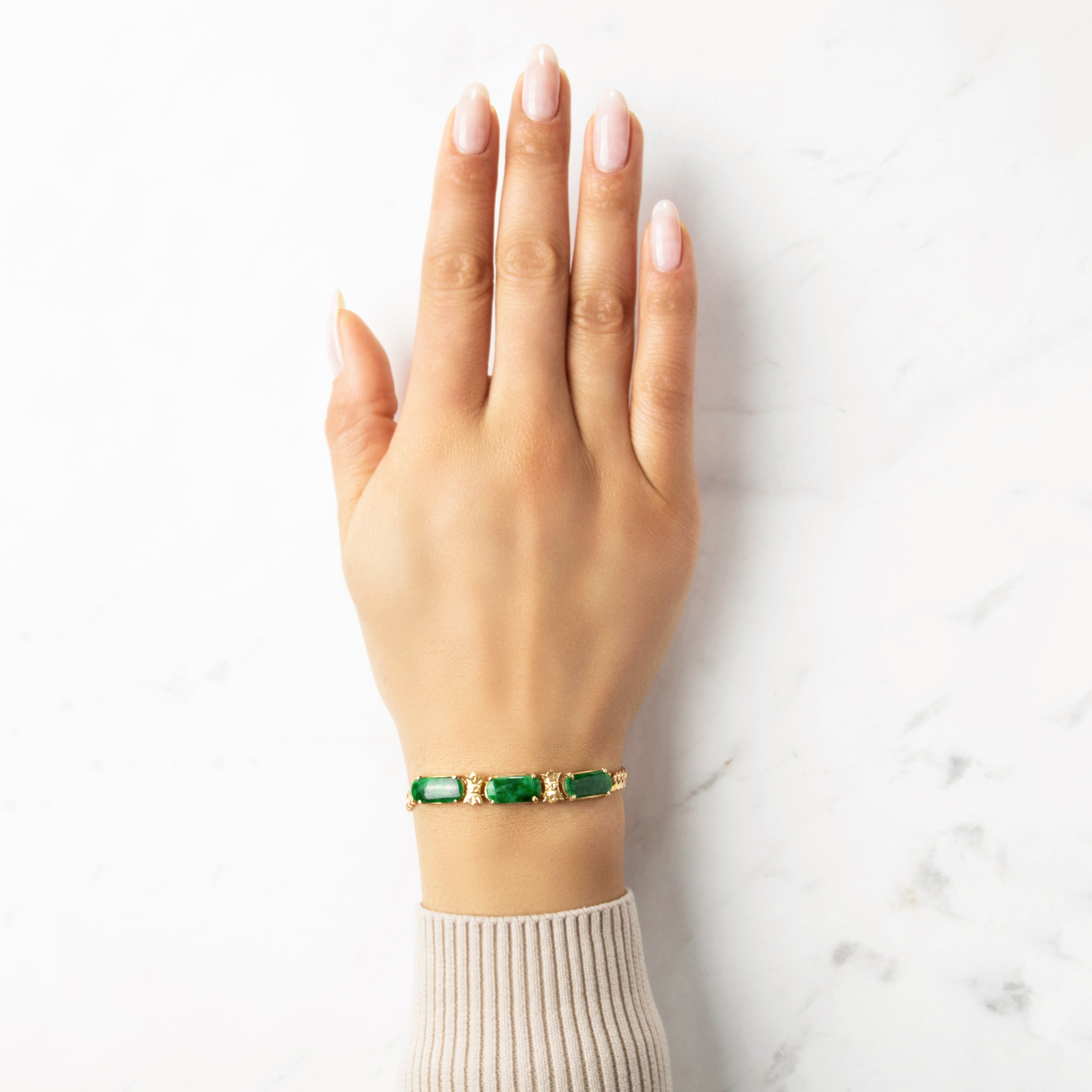Vintage 18k Rosy Yellow Gold & 14k Rosy Yellow Gold 2.85cttw Jade Fantastic Oblong Station Curb Chain Bracelet - On model view