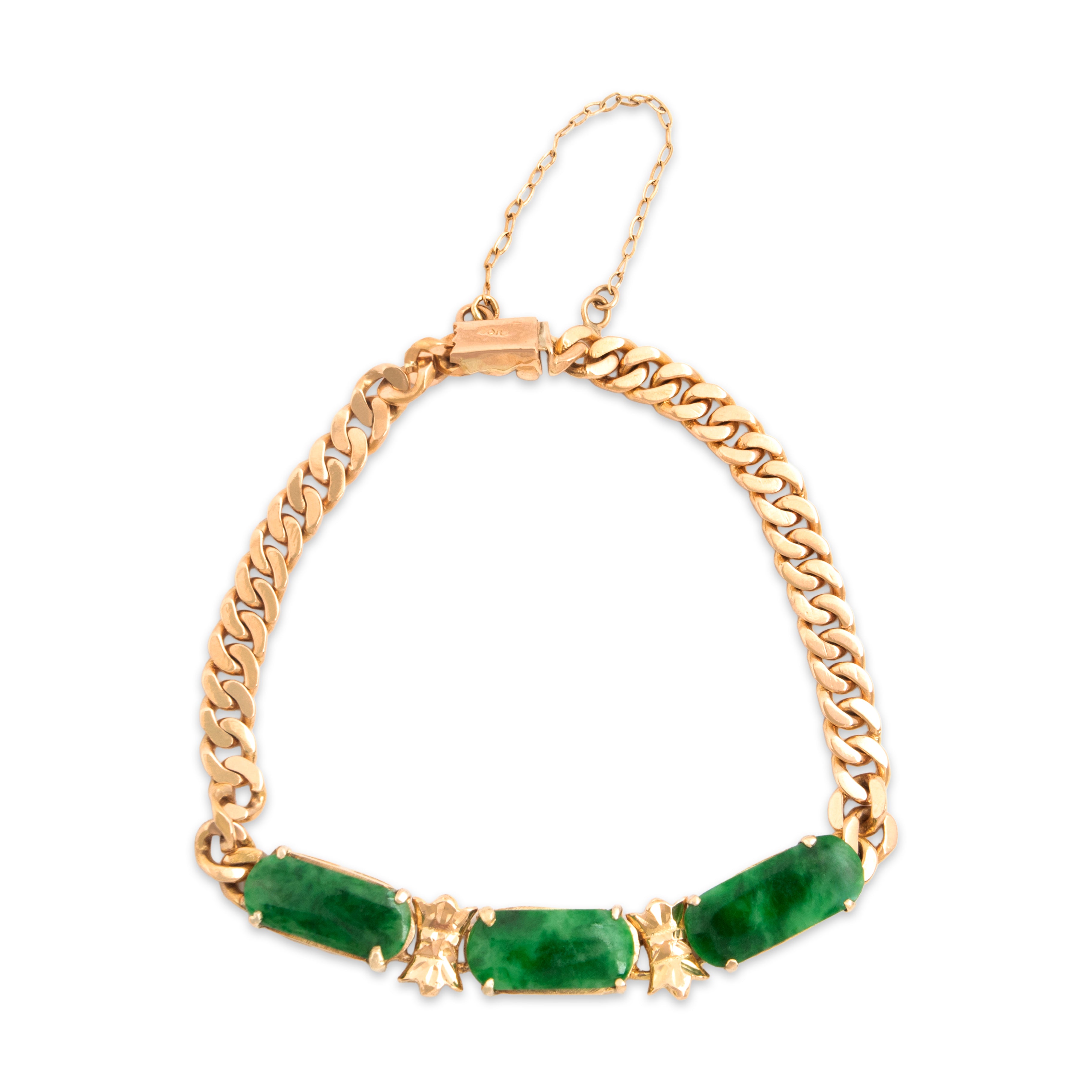 Vintage 18k Rosy Yellow Gold & 14k Rosy Yellow Gold 2.85cttw Jade Fantastic Oblong Station Curb Chain Bracelet - Overall view