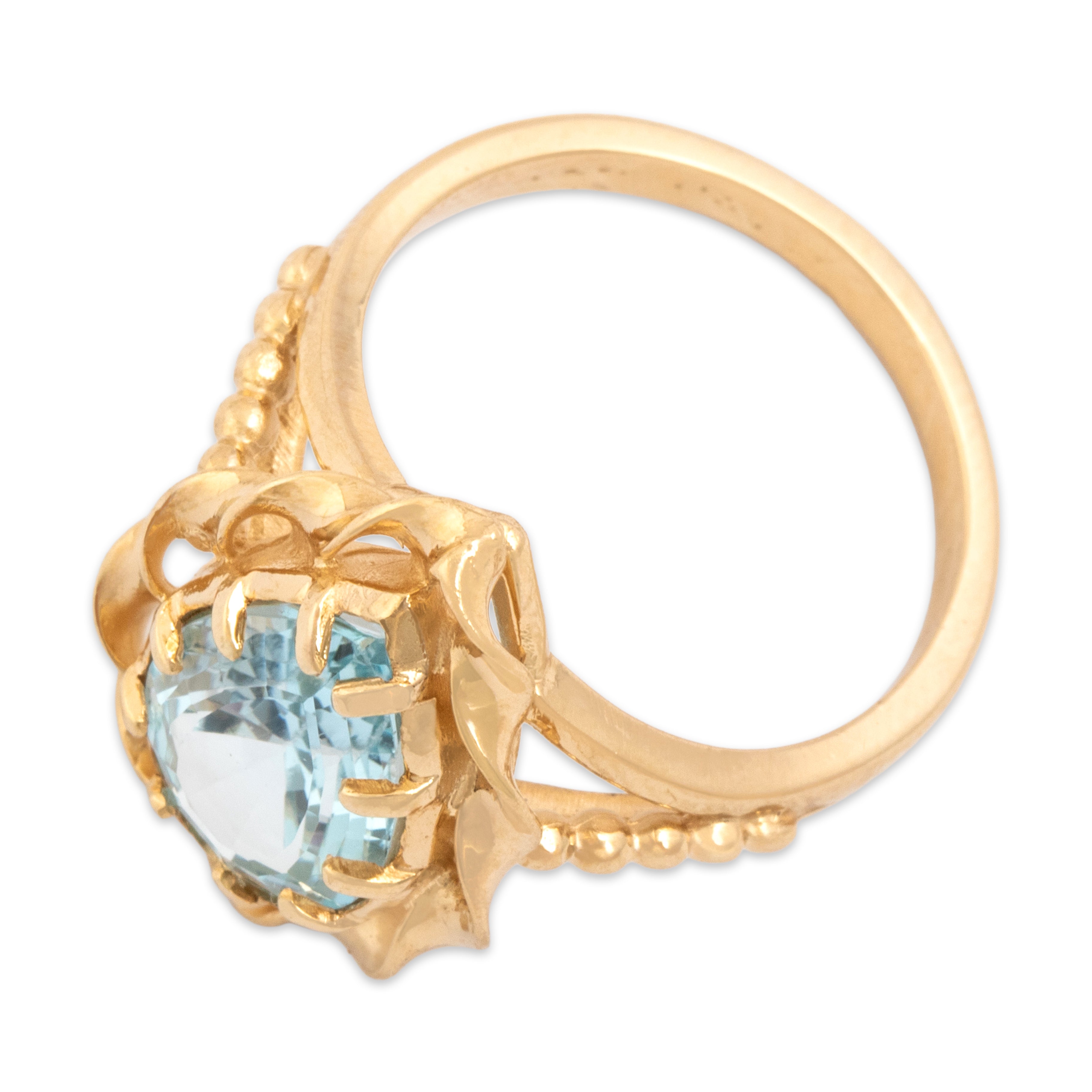 Vintage 14k Yellow Gold 3.57ct Light Blue Topaz Pear Scrolling Border Cocktail Ring - Overall view