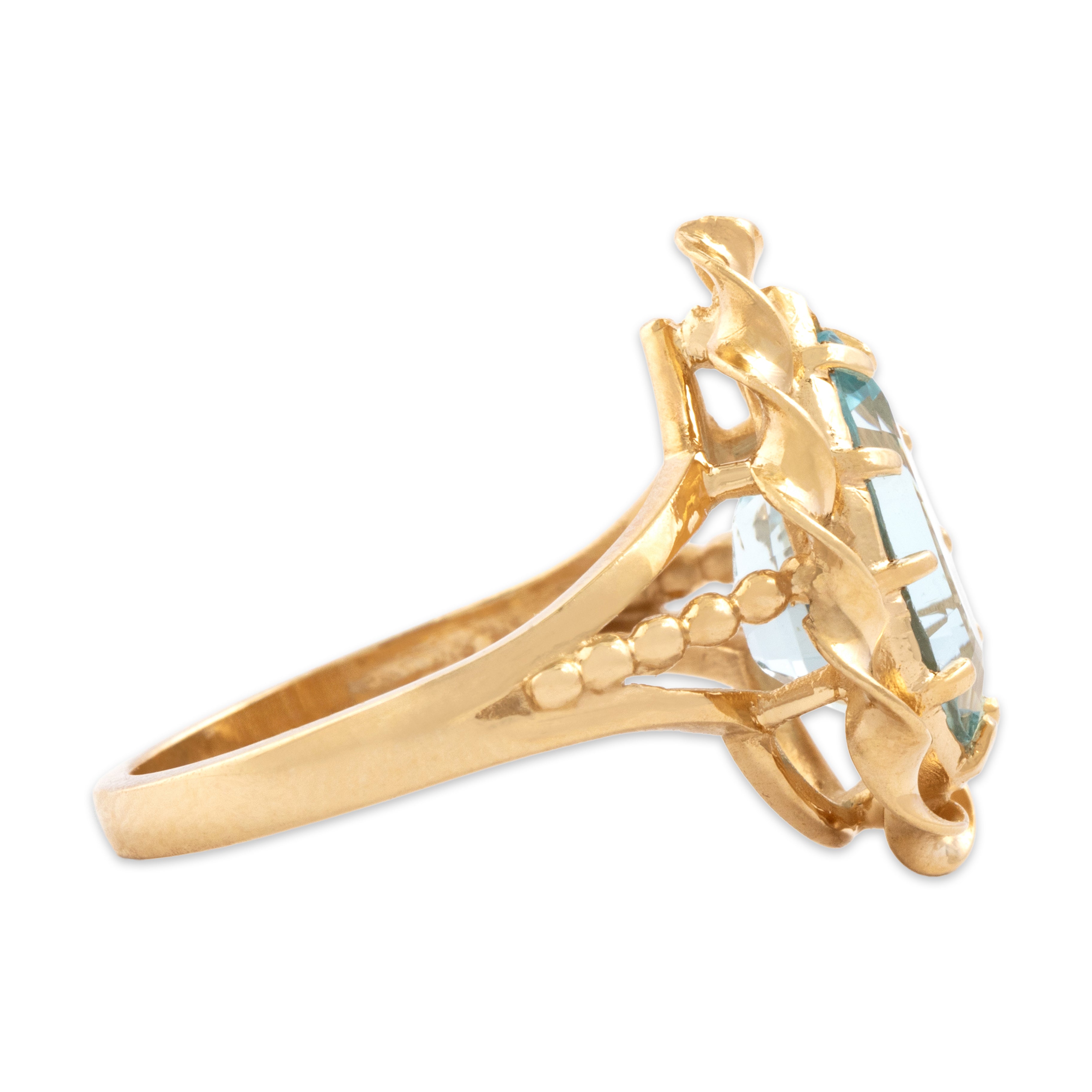 Vintage 14k Yellow Gold 3.57ct Light Blue Topaz Pear Scrolling Border Cocktail Ring - Side view
