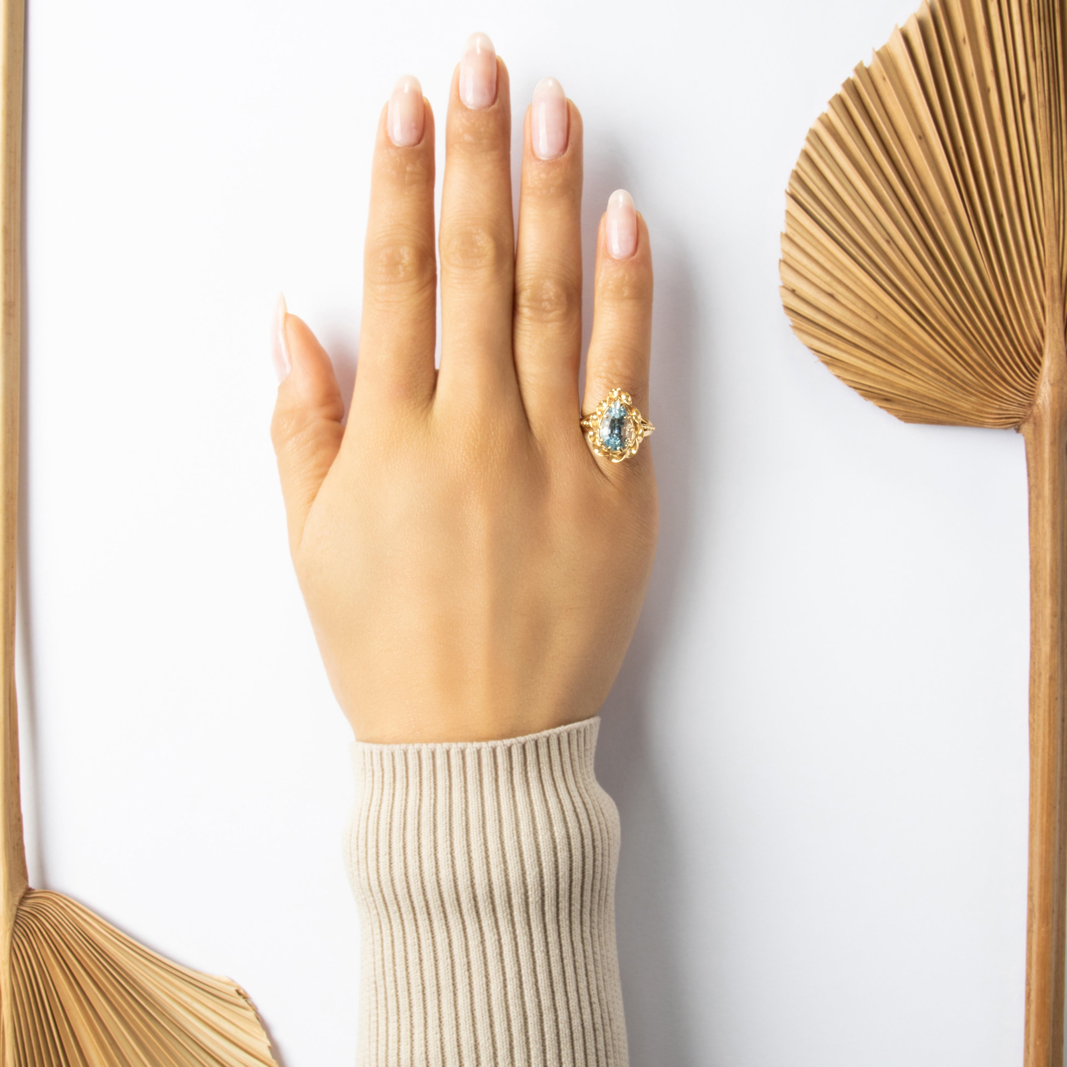 Vintage 14k Yellow Gold 3.57ct Light Blue Topaz Pear Scrolling Border Cocktail Ring - On model view