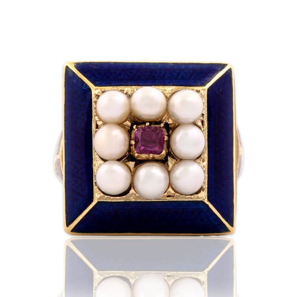 Antique Victorian 14k Yellow Gold Pink Sapphire Pearl Guilloché Enamel Ring 9.00
