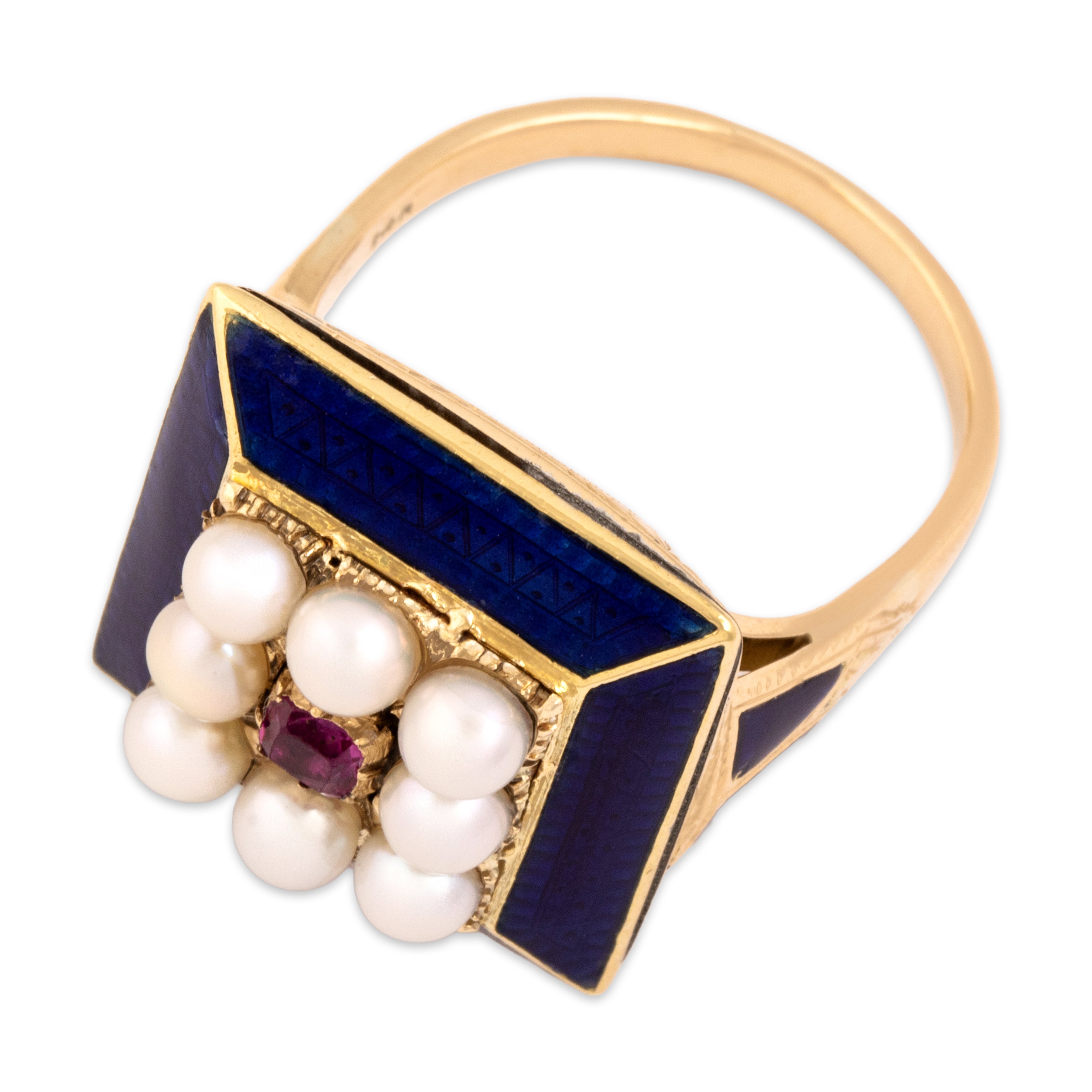 Antique Victorian 14k Yellow Gold Ruby Pearl Luminous Guillochã© Enamel Square Ring - Overall view