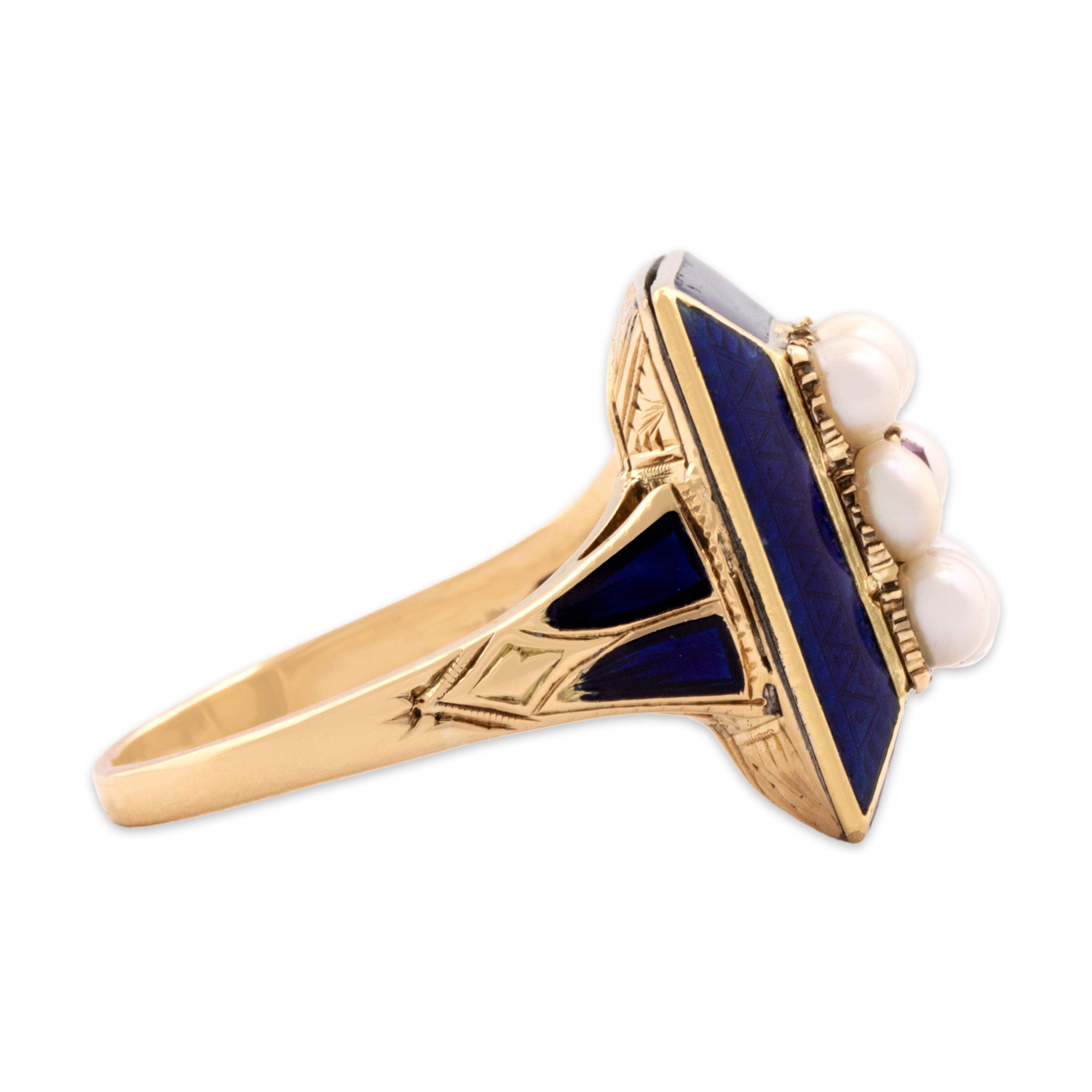 Antique Victorian 14k Yellow Gold Ruby Pearl Luminous Guillochã© Enamel Square Ring - Side view