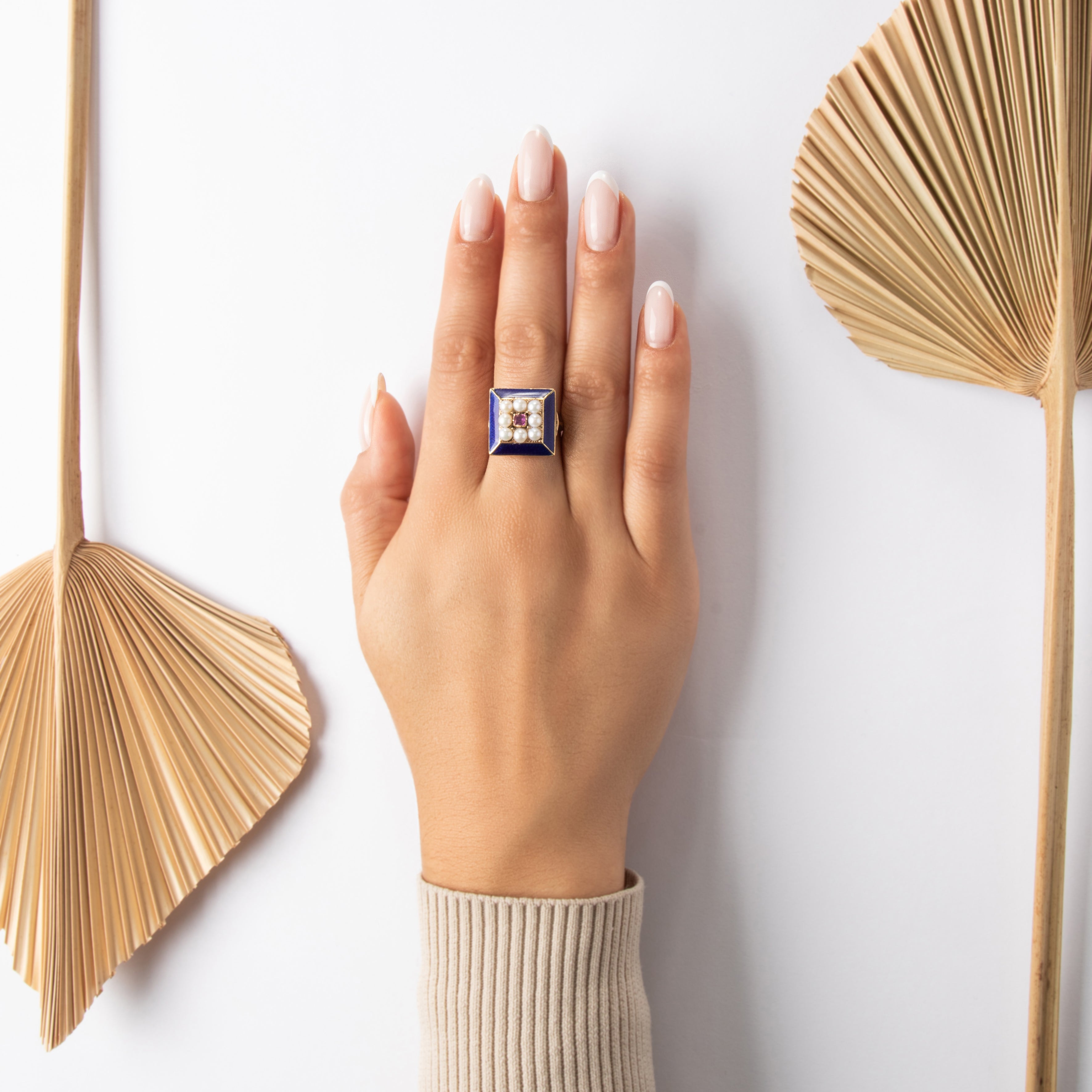 Antique Victorian 14k Yellow Gold Ruby Pearl Luminous Guillochã© Enamel Square Ring - On model view