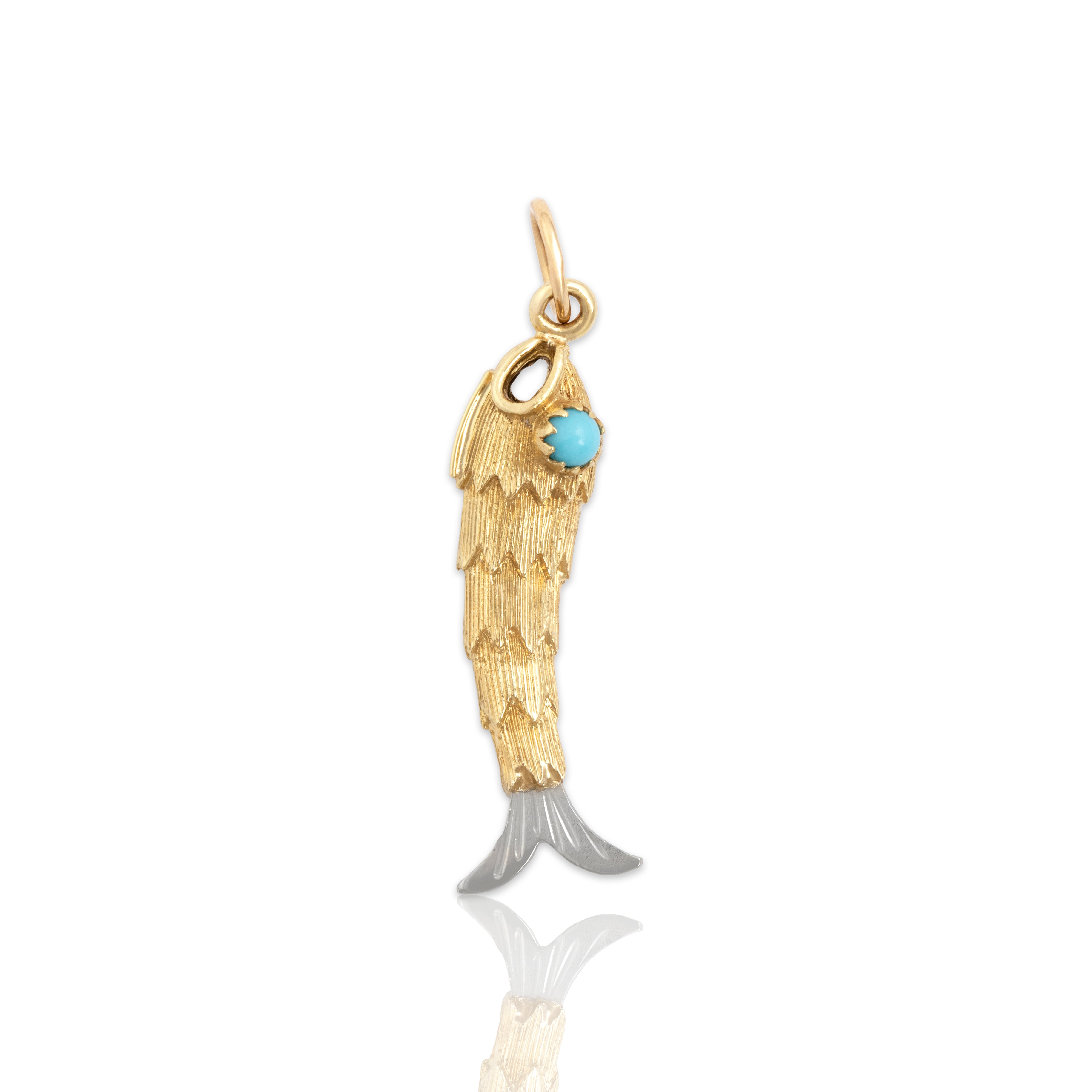 Vintage 14k Yellow & White Gold Blue Glass Curious Swimming Minnow Charm / Pendant - Close-up view