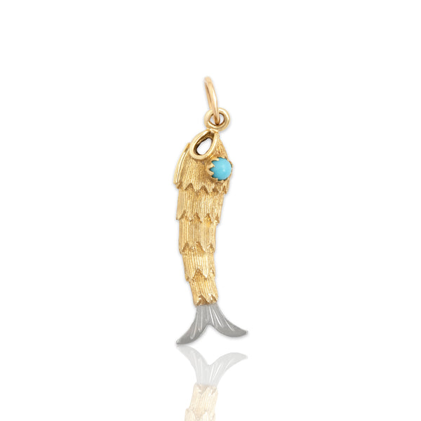 Vintage 14k Yellow & White Gold Blue Glass Curious Minnow Charm / Pendant