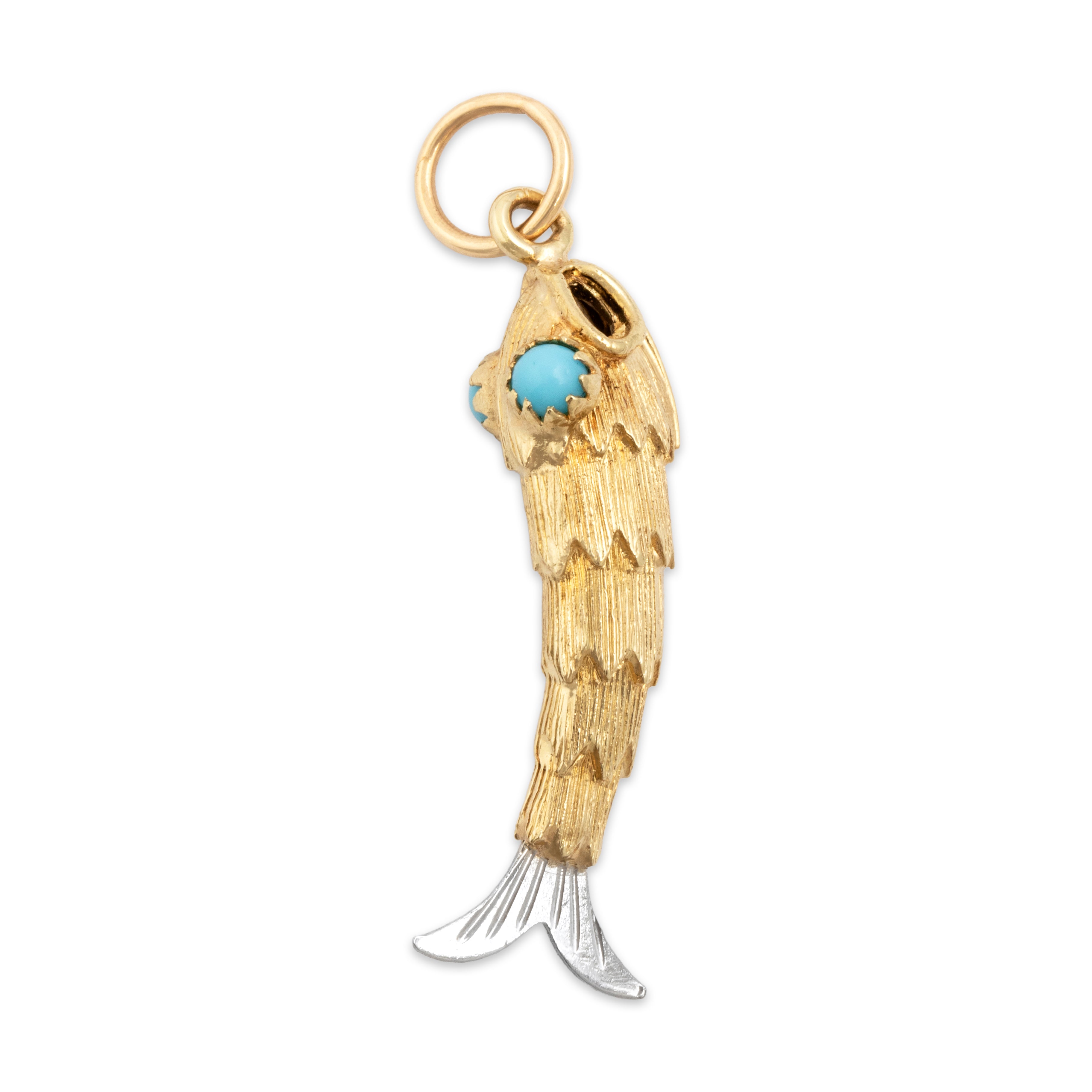 Vintage 14k Yellow & White Gold Blue Glass Curious Swimming Minnow Charm / Pendant - Overall view