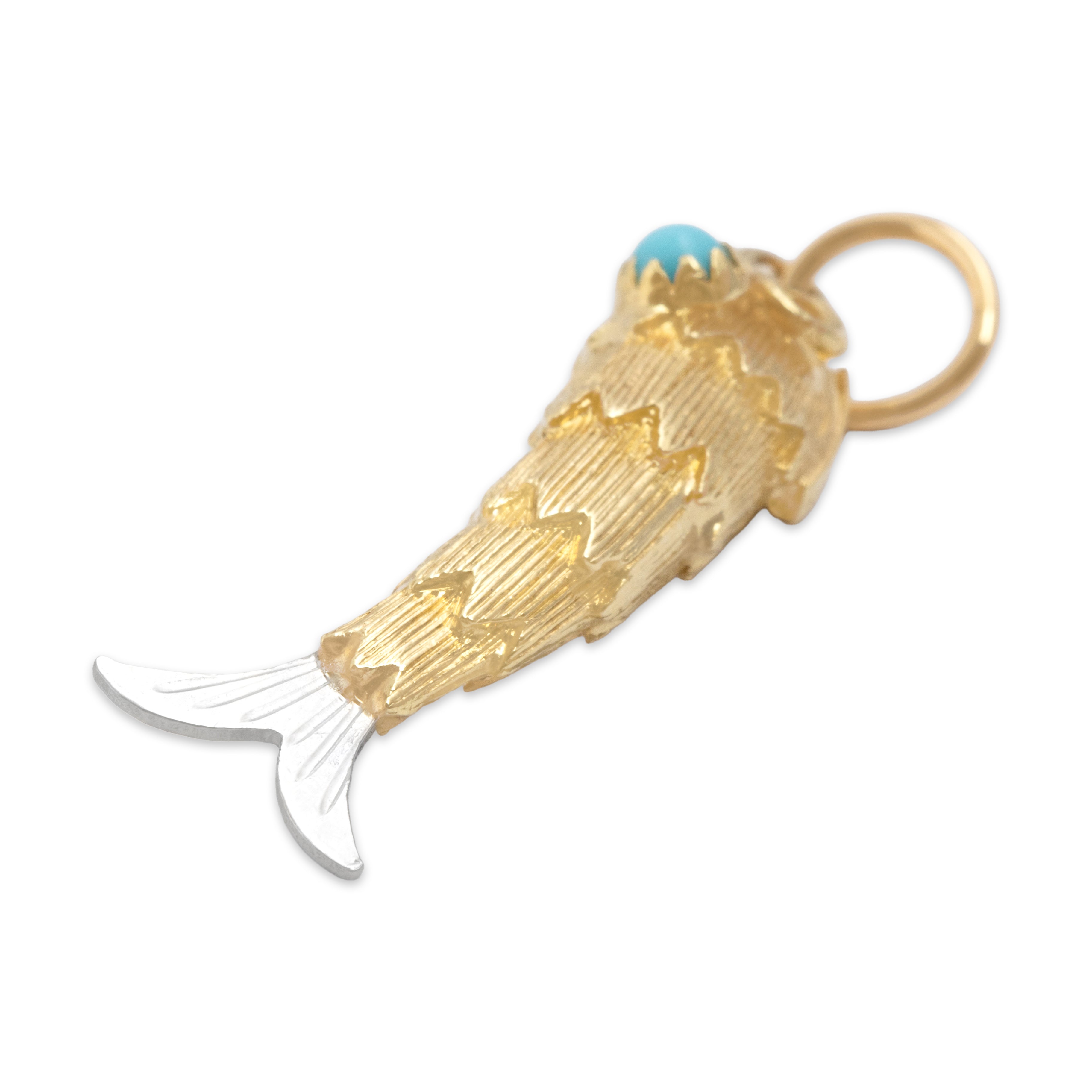 Vintage 14k Yellow & White Gold Blue Glass Curious Swimming Minnow Charm / Pendant - detail view #1