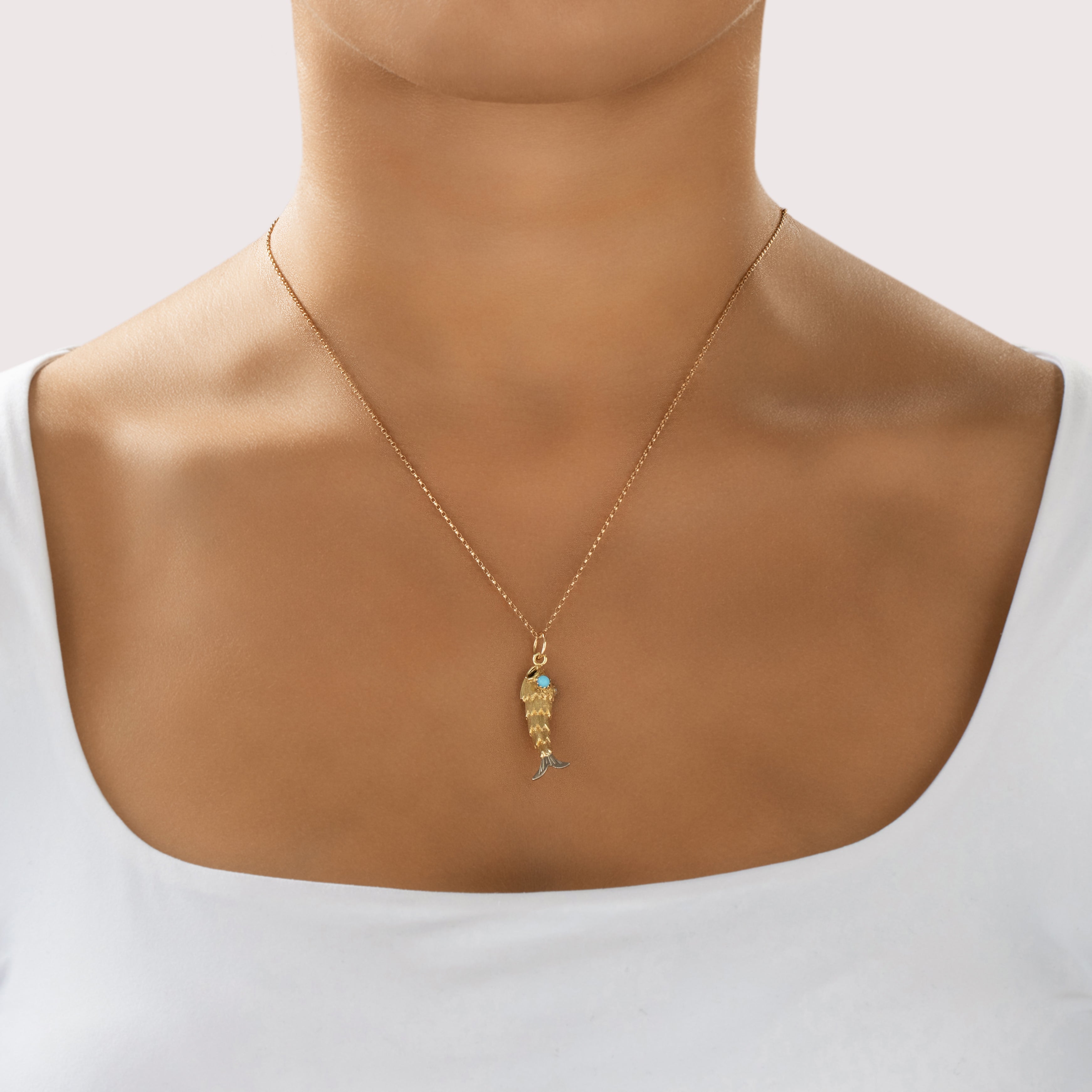 Vintage 14k Yellow & White Gold Blue Glass Curious Swimming Minnow Charm / Pendant - On model view