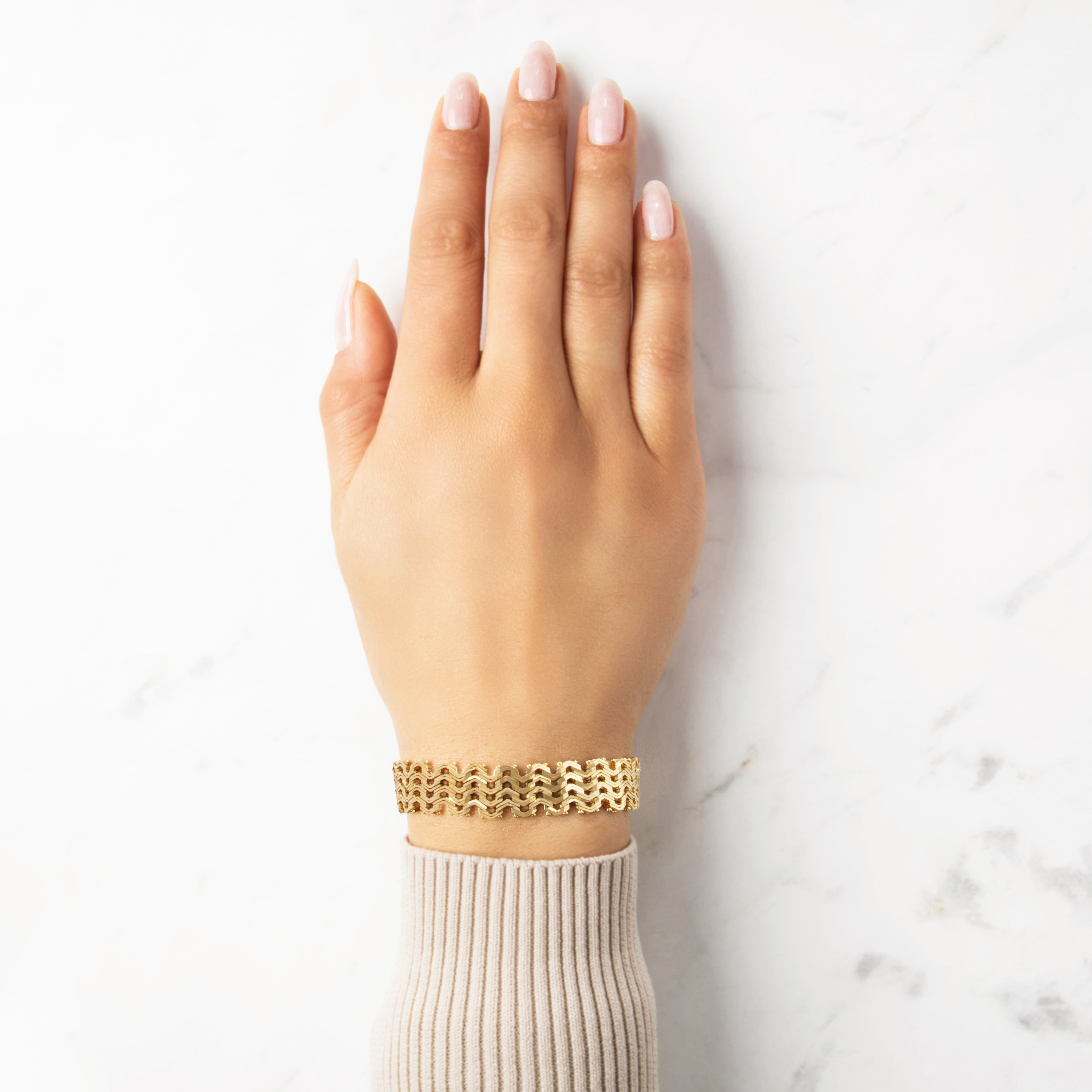 Vintage Heavy 14k Yellow Gold Stacked Chevron Link Bracelet - On model view