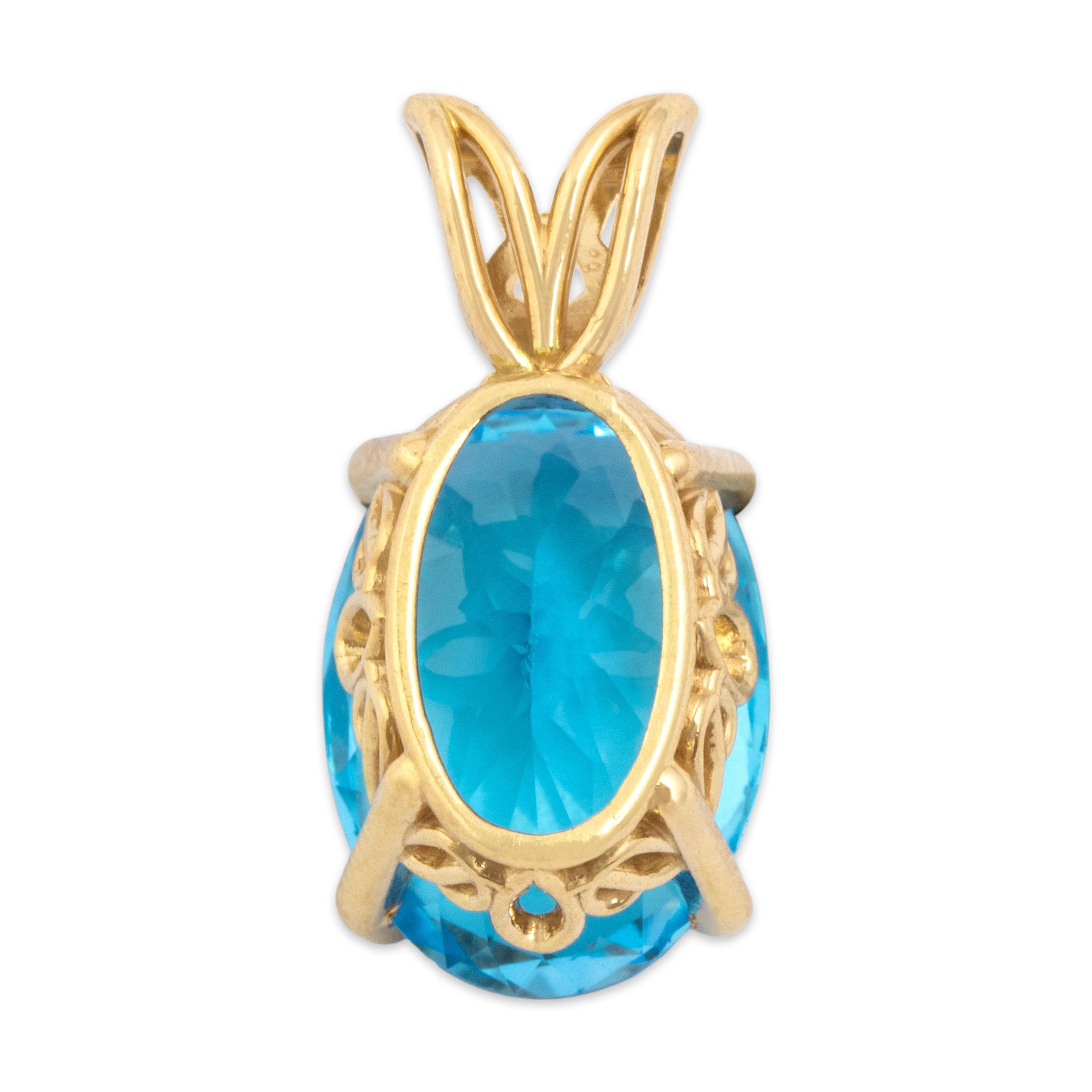 Vintage 14k Yellow Gold 7.5ct Blue Topaz Vivid Oval Ornate Pendant