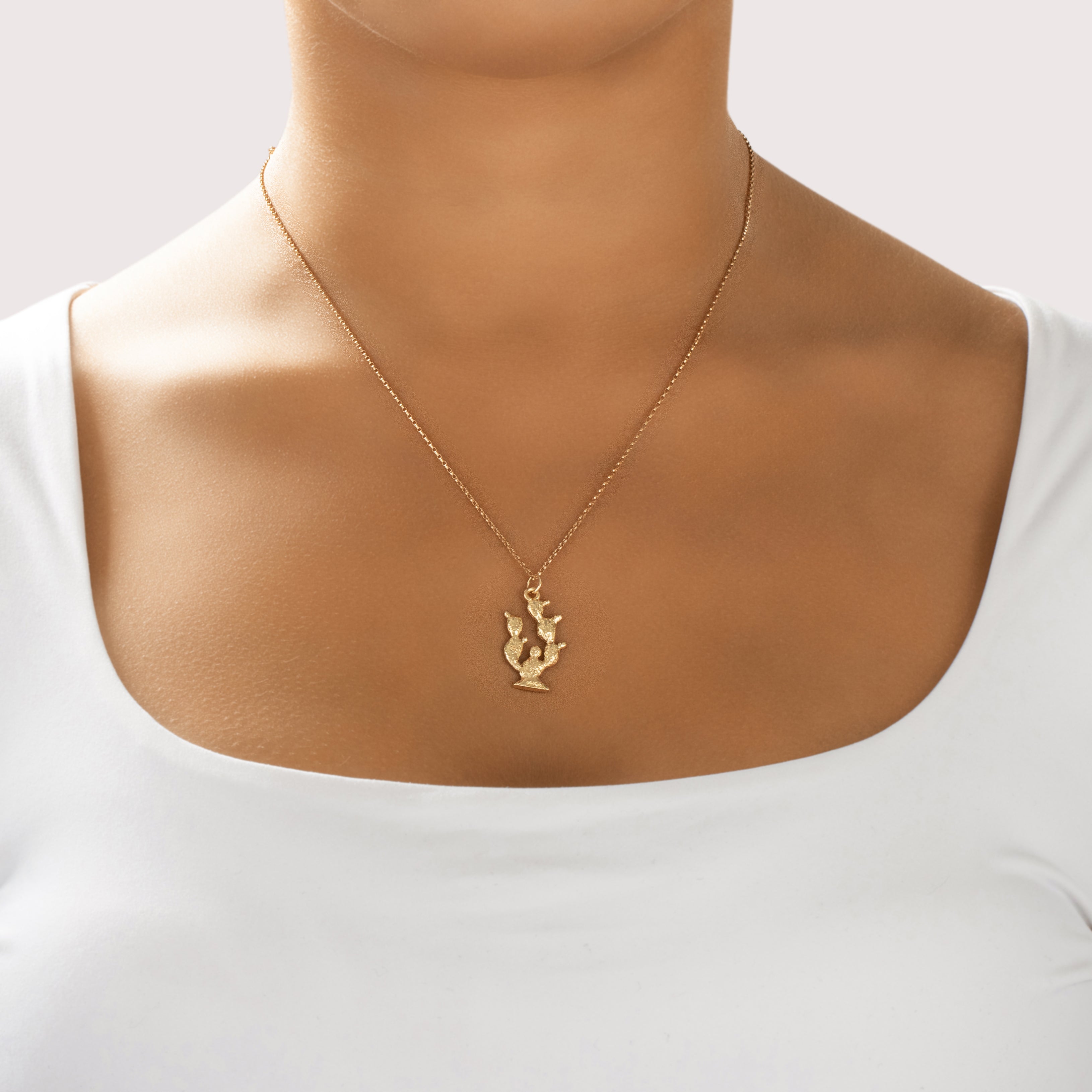 Vintage Heavy 14k Yellow Gold Prickly Pear Cactus Charm / Pendant - On model view