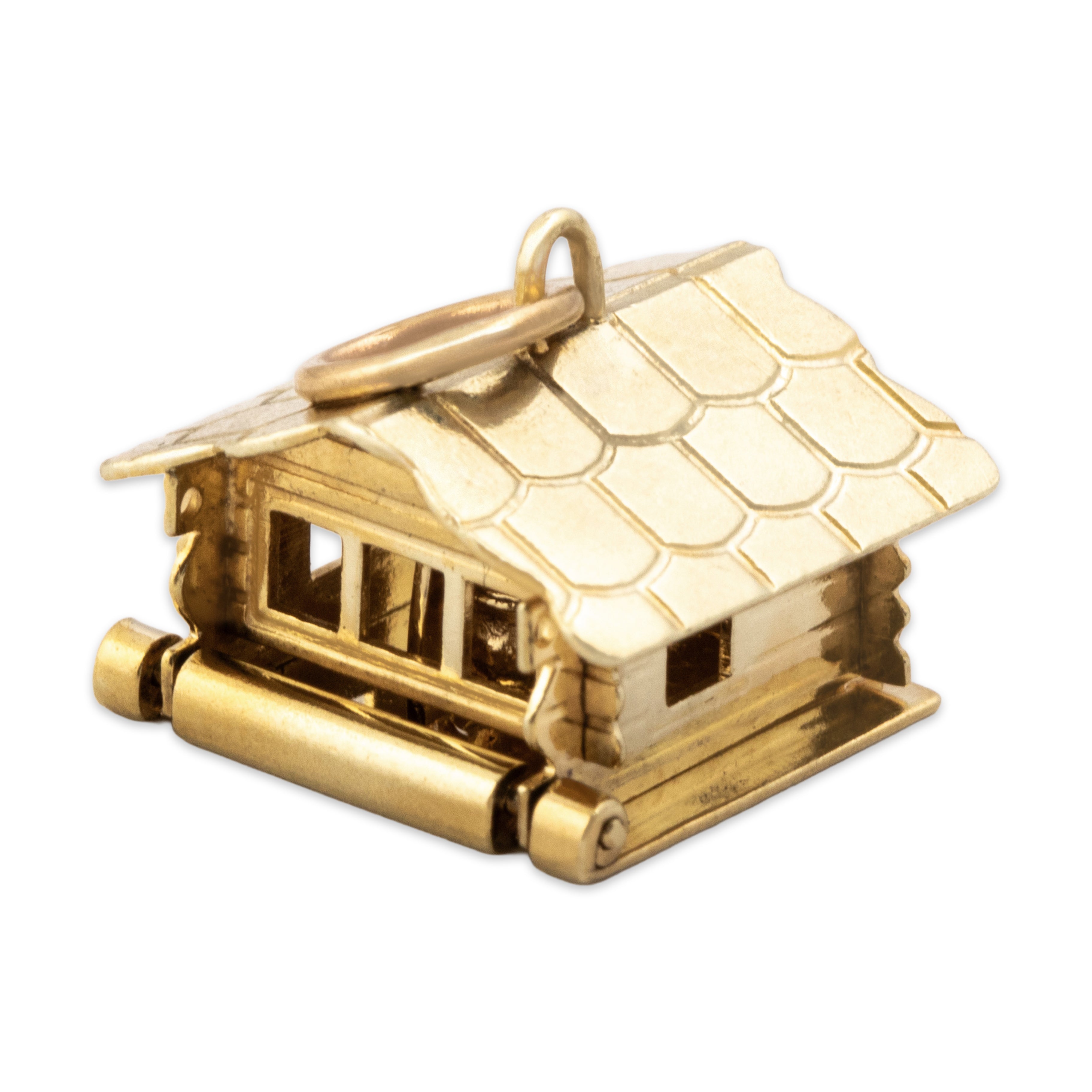 Vintage Swiss 14k Yellow Gold Adorable Articulating Log Cabin Charm / Pendant - detail view #1