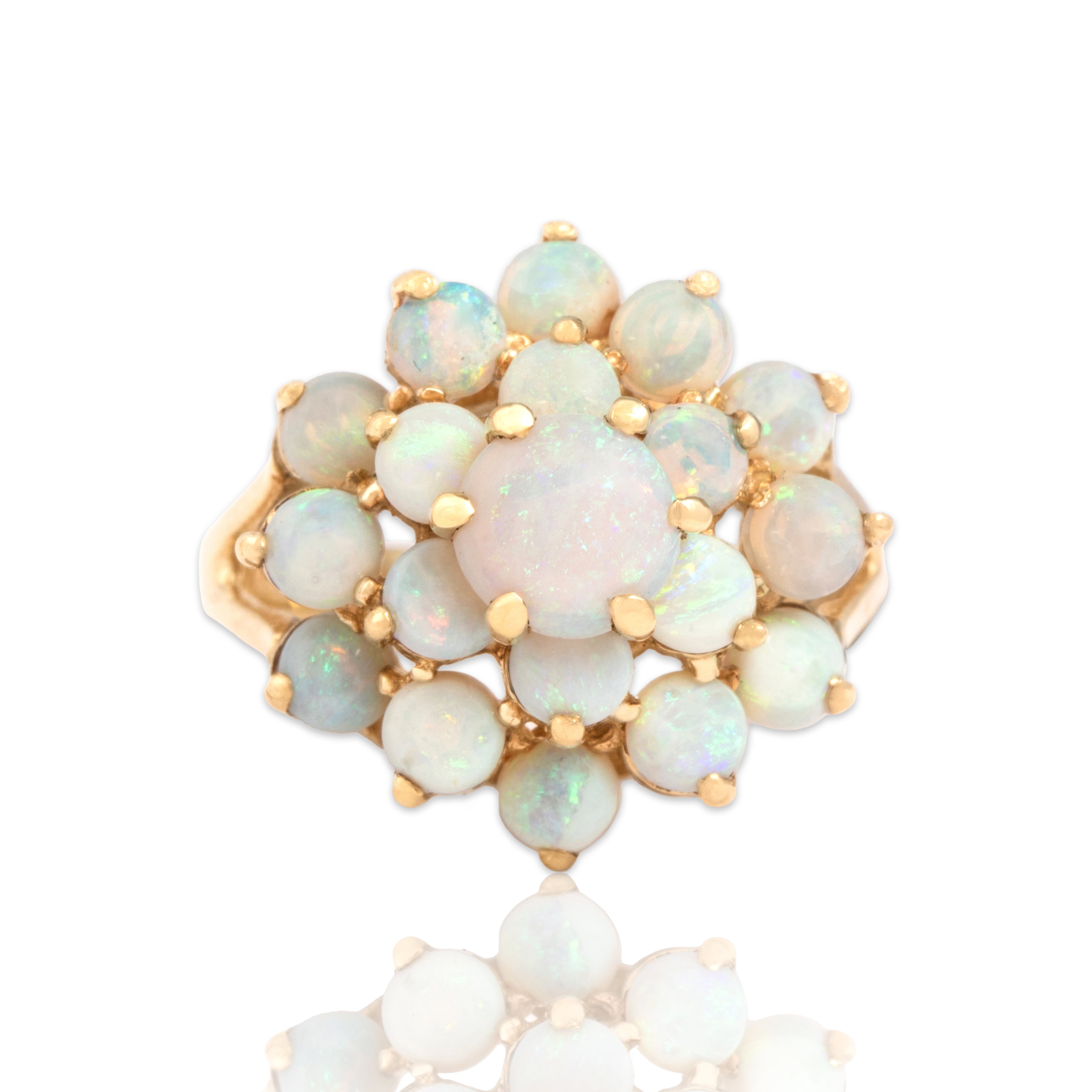 Vintage 14k Yellow Gold 1.89cttw Opal Rainbow-Flashing Floral Tower Ring - Close-up view