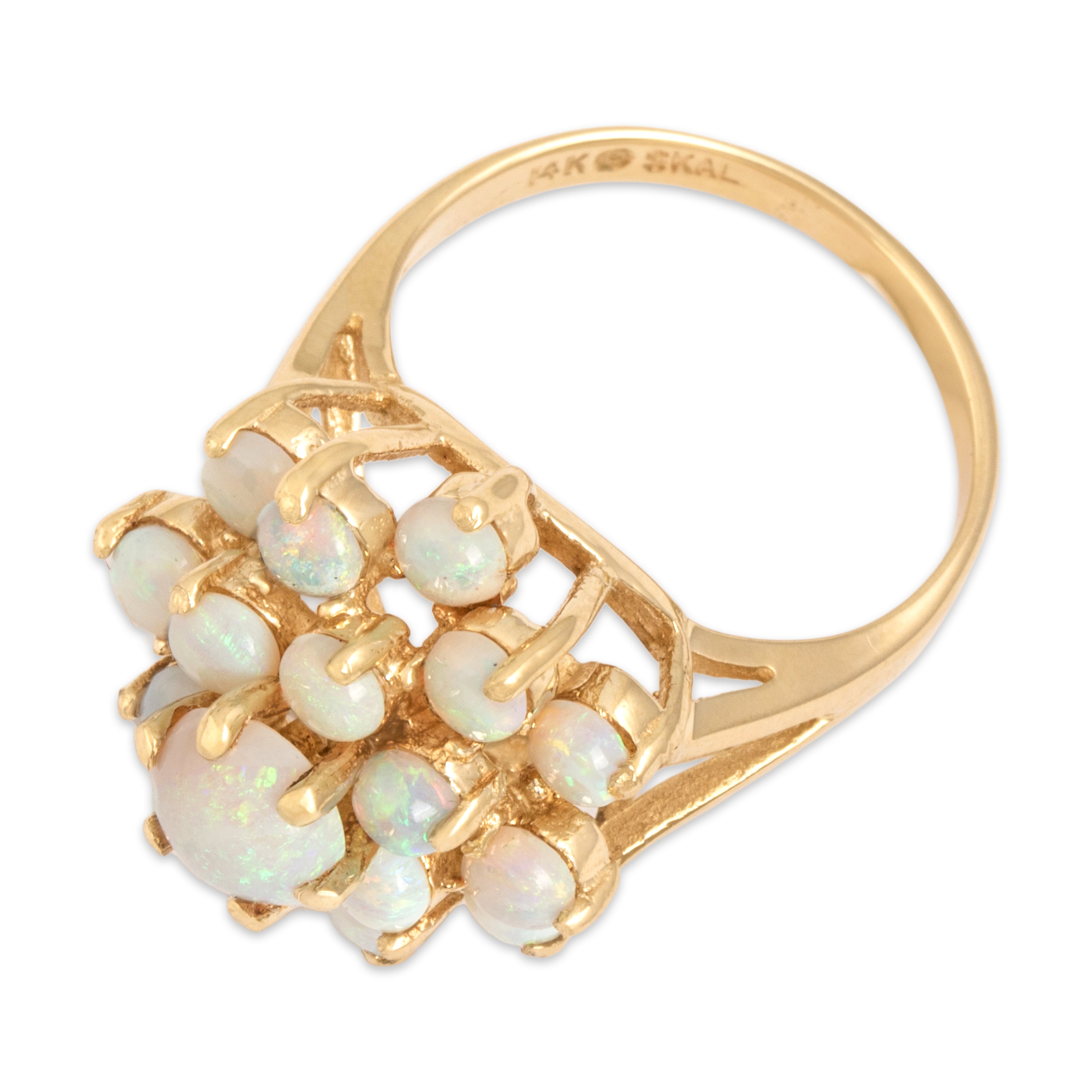 Vintage 14k Yellow Gold 1.89cttw Opal Rainbow-Flashing Floral Tower Ring - Overall view