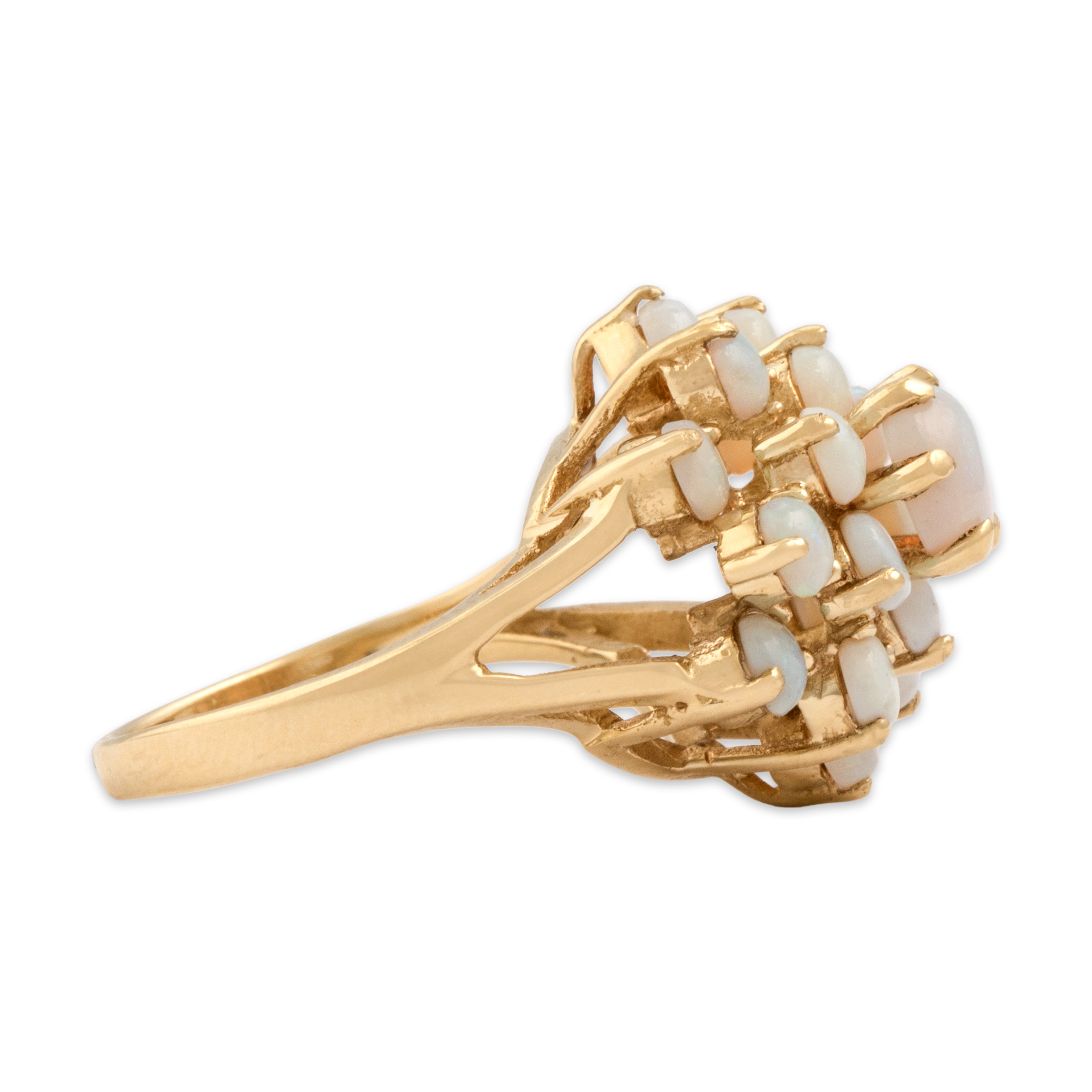 Vintage 14k Yellow Gold 1.89cttw Opal Rainbow-Flashing Floral Tower Ring - Side view