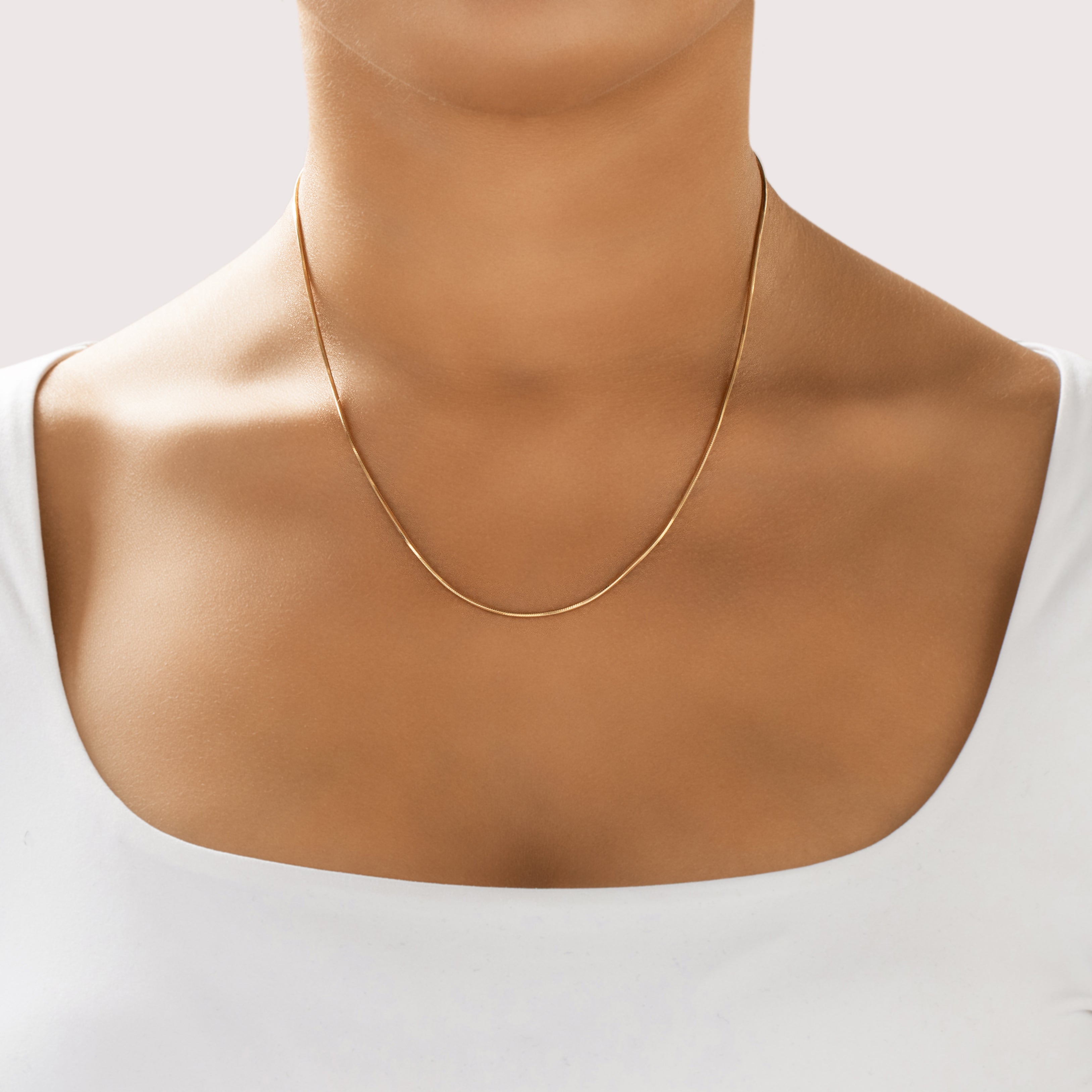 Vintage Italian 14k Yellow Gold Sleek Boxy Snake Link 1.1mm Chain - On model view